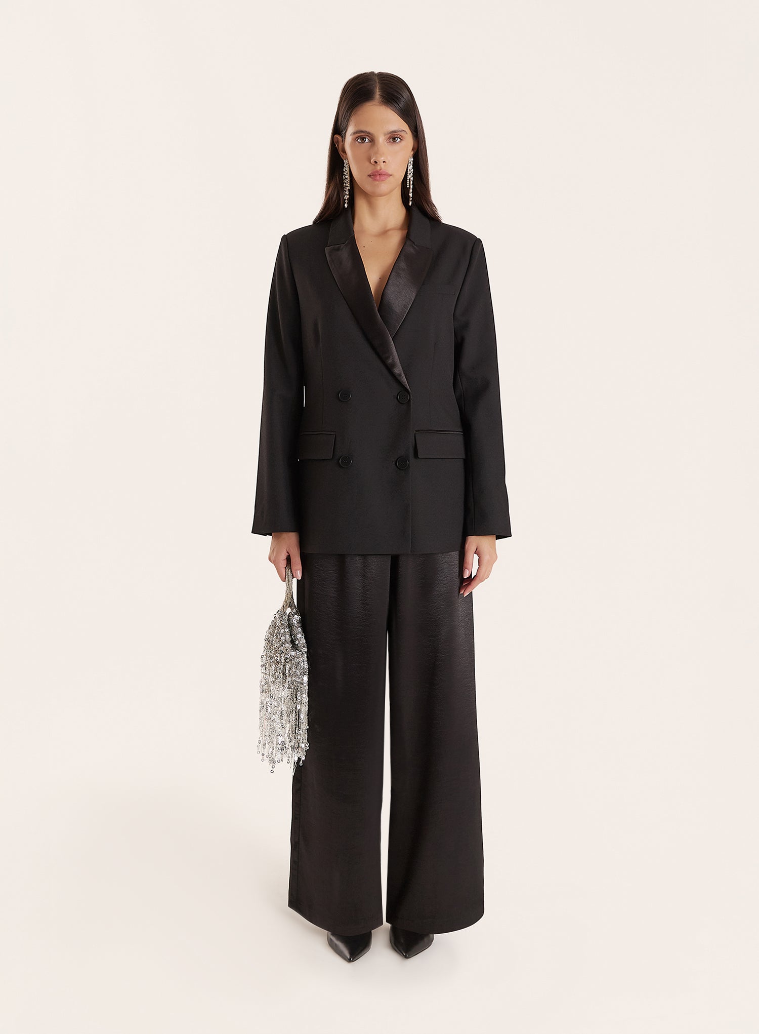 Black Pleated Waistband Wide Leg Satin Trousers