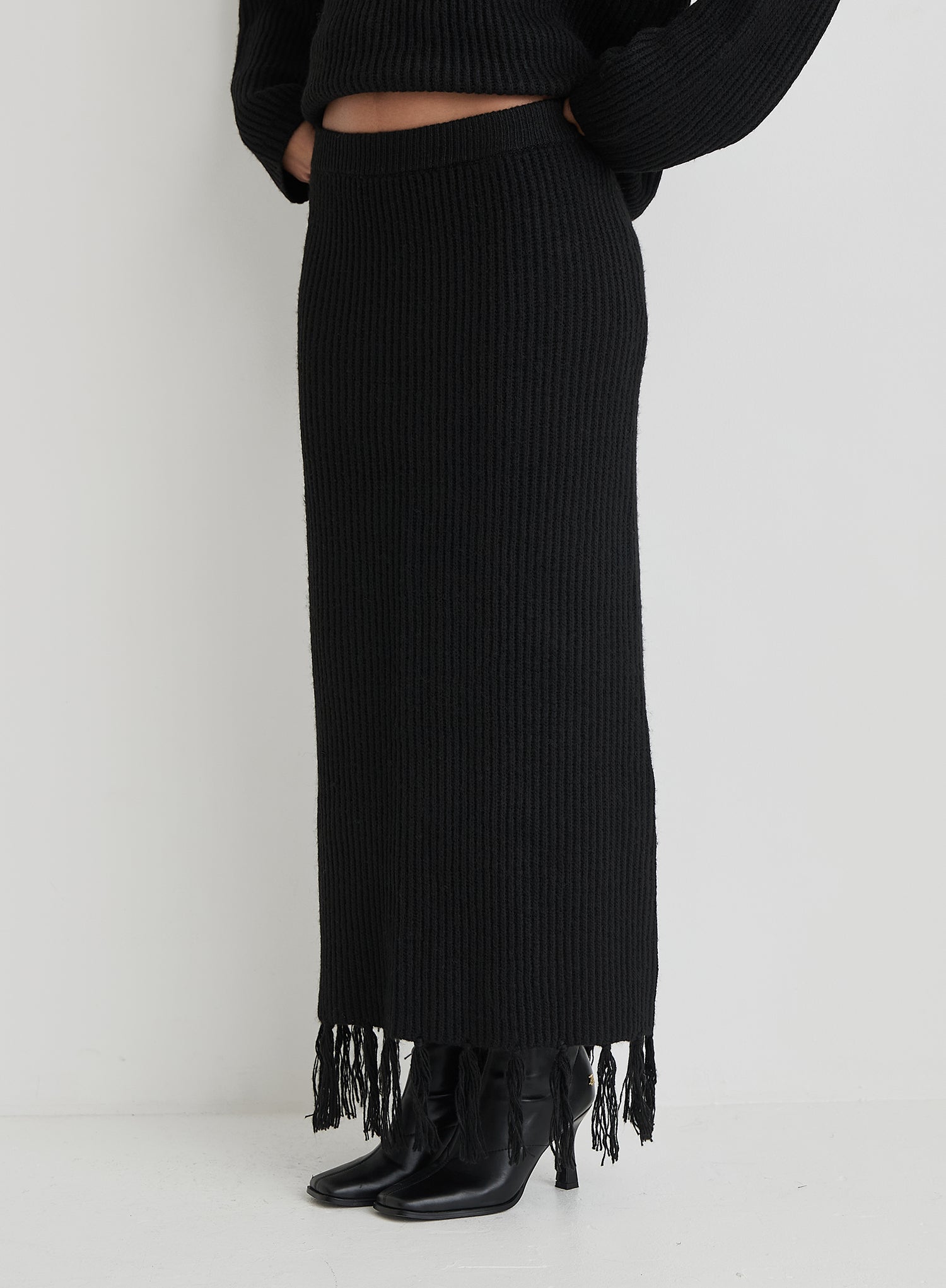 Black Knit Tassle Trim Maxi Skirt- Fallon