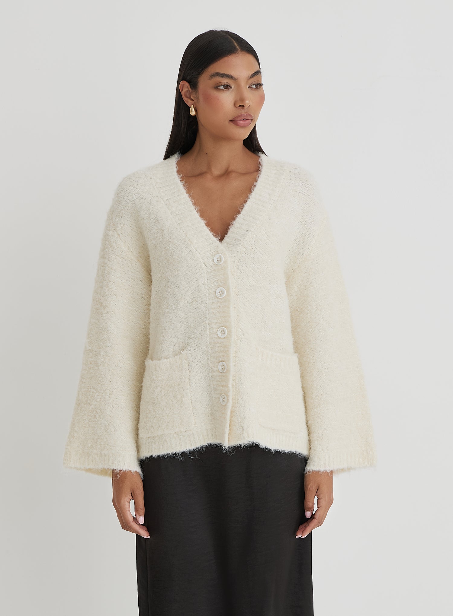 Off White Brushed Knit Cardigan- Lidia