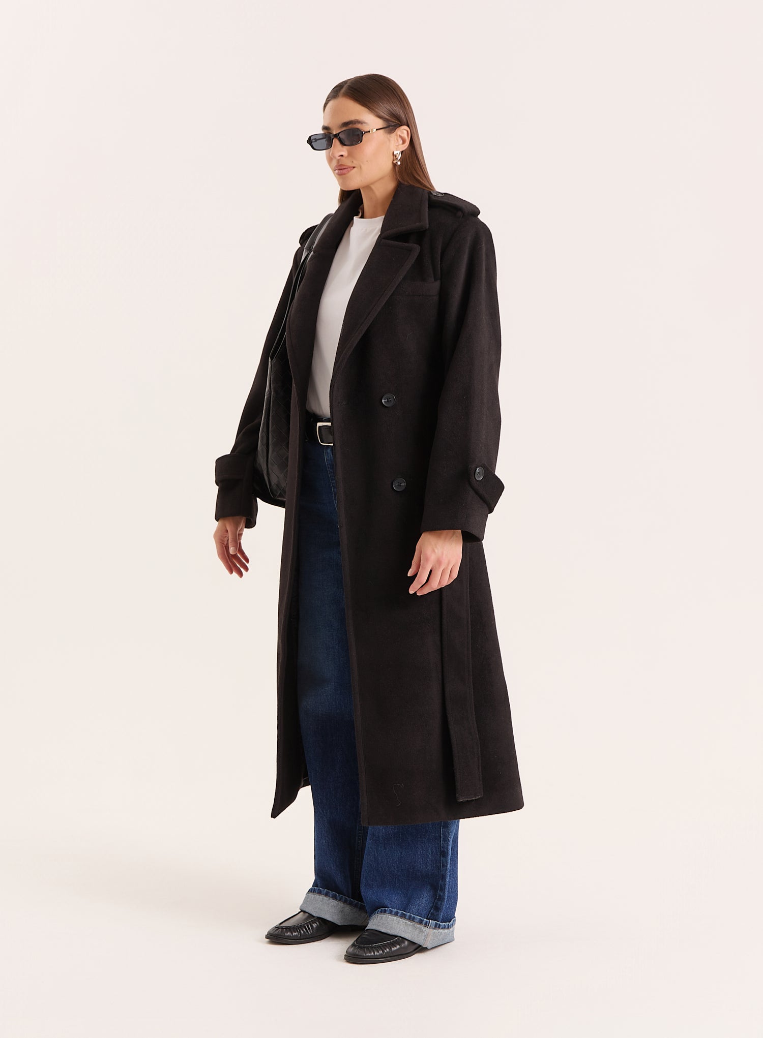 Black Tailored Belted Longline Trench Coat