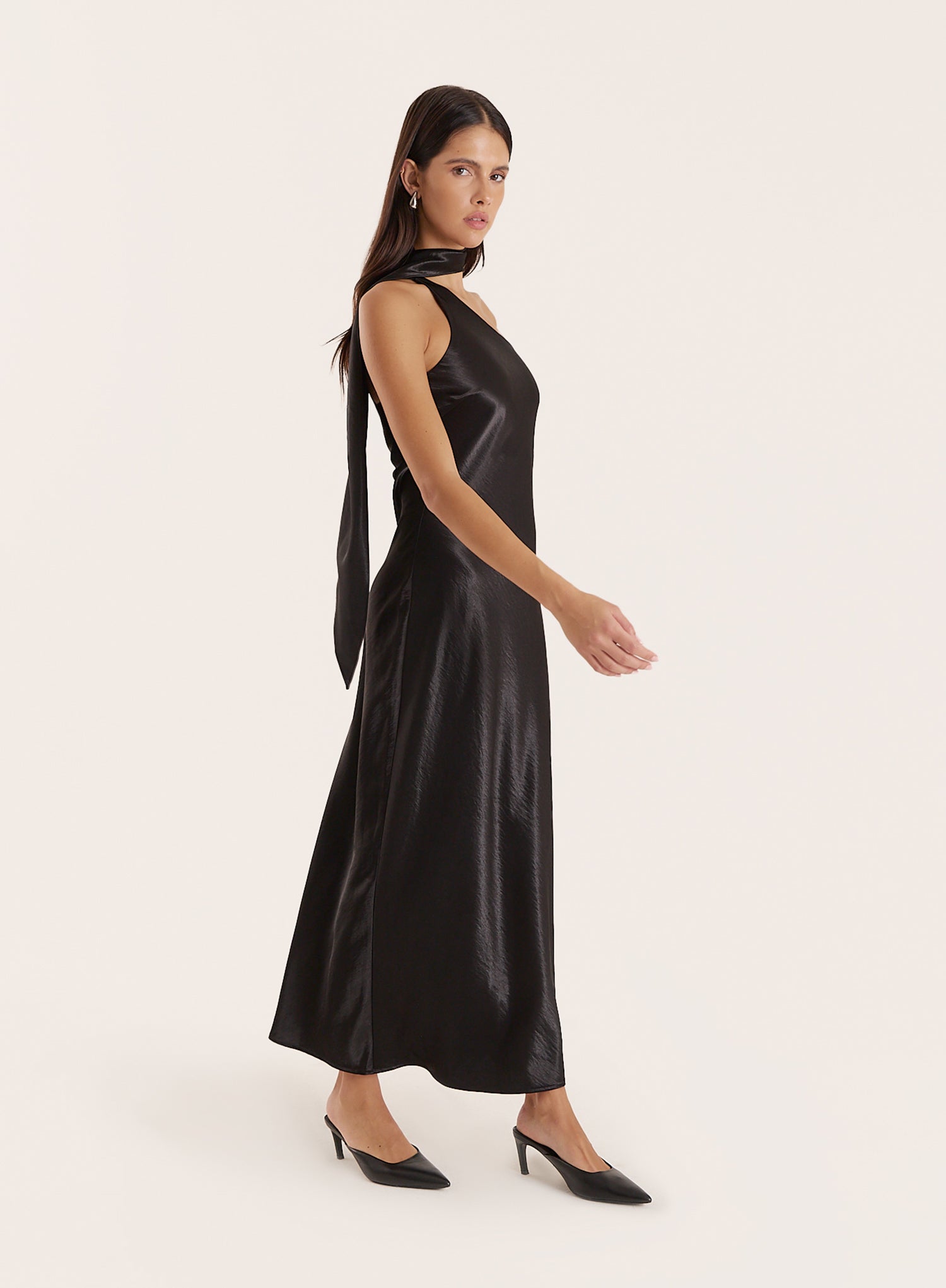 Black Satin One Shoulder Scarf Neck Maxi Dress