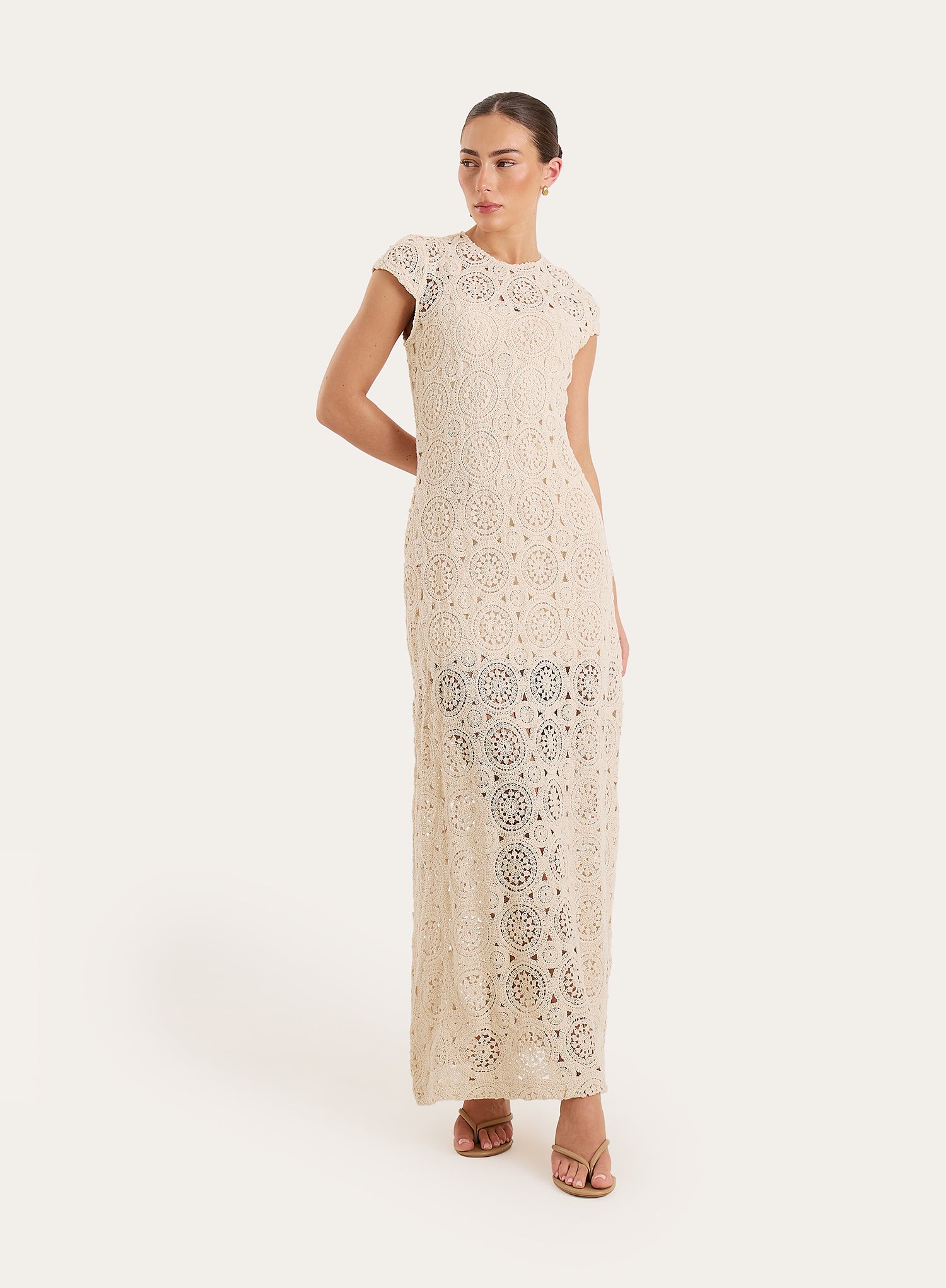 Cream Crochet Cap Sleeve Maxi Dress