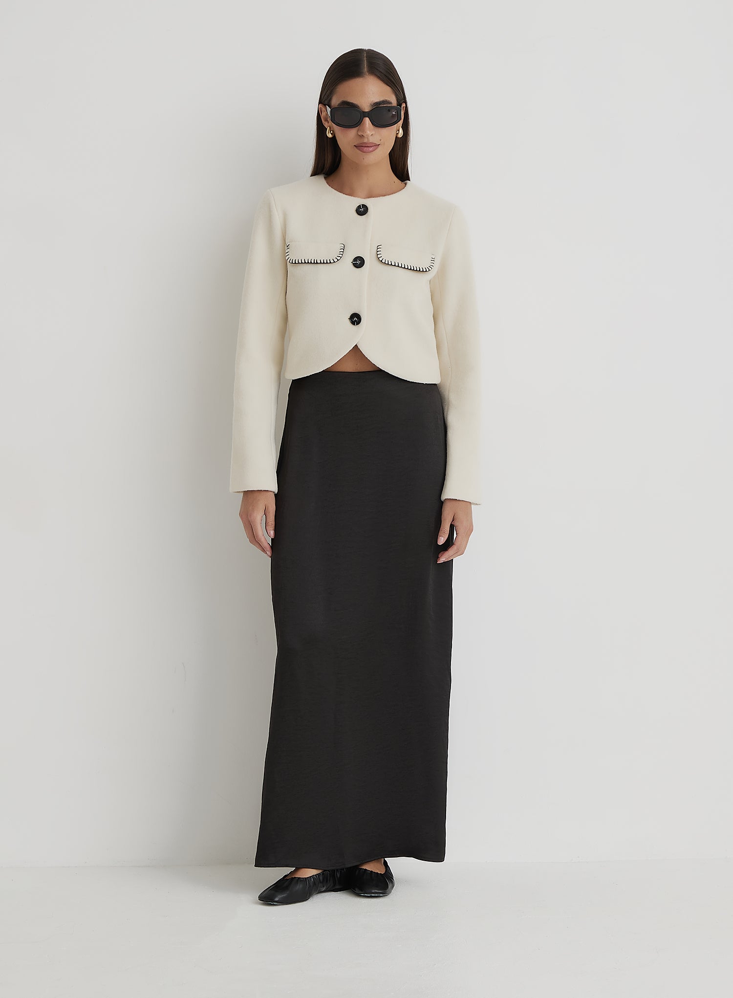 Cream Wool Contrast Pocket Cropped Jacket- Mable