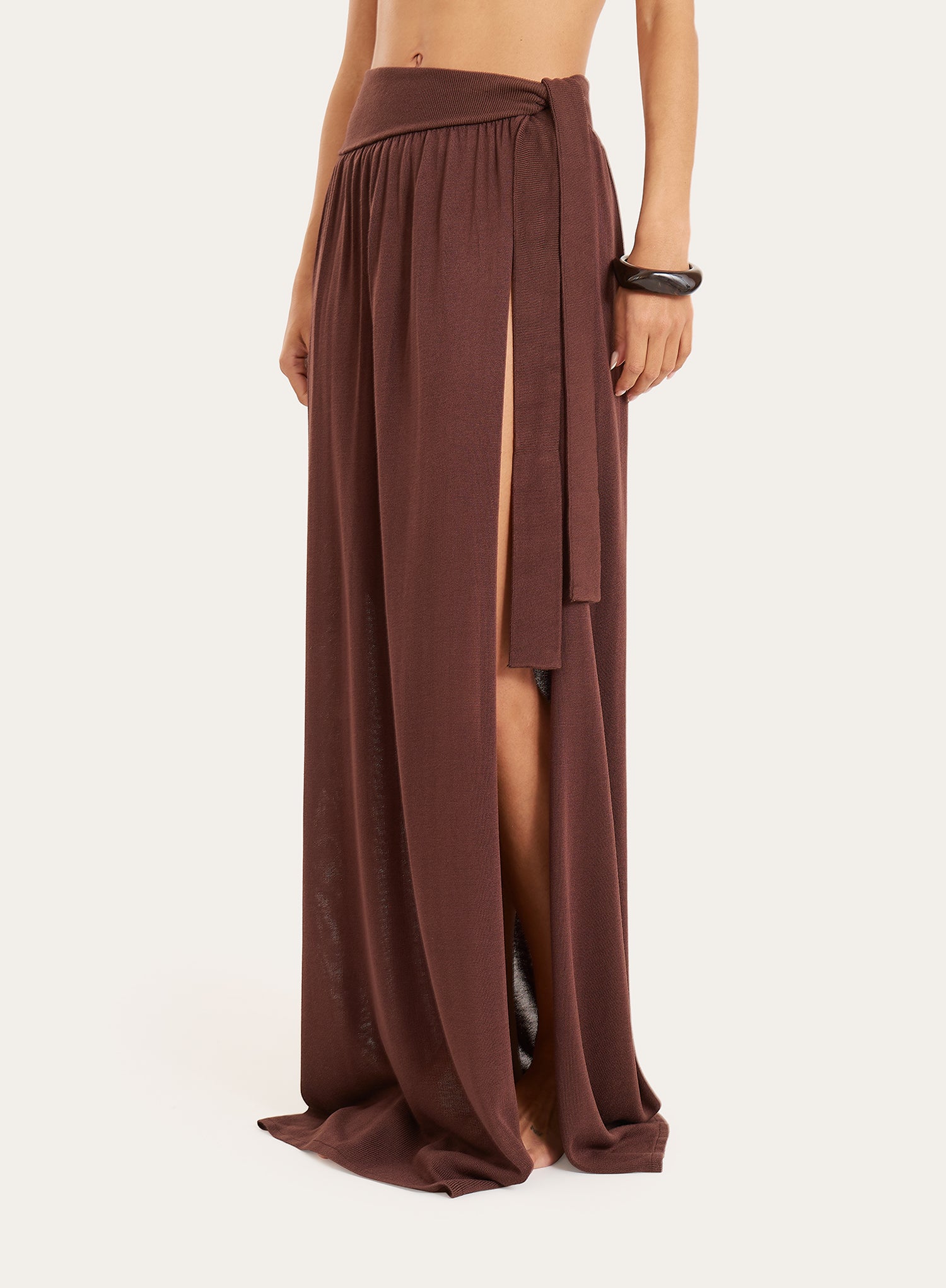 Brown Belt Detail Semi Sheer Thigh Split Maxi Skirt