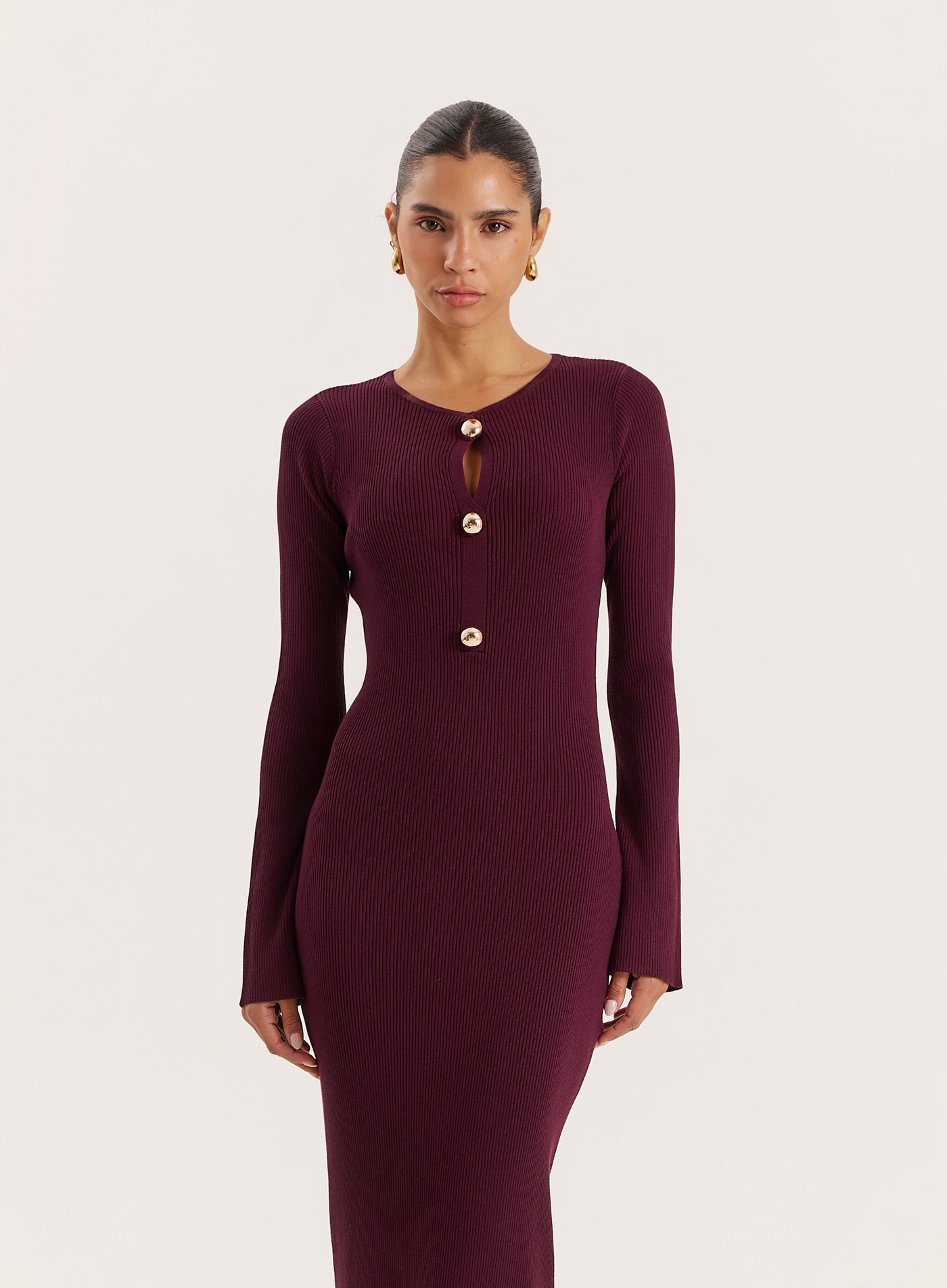 Plum Cut-out Flare Sleeved Knitted Maxi Dress
