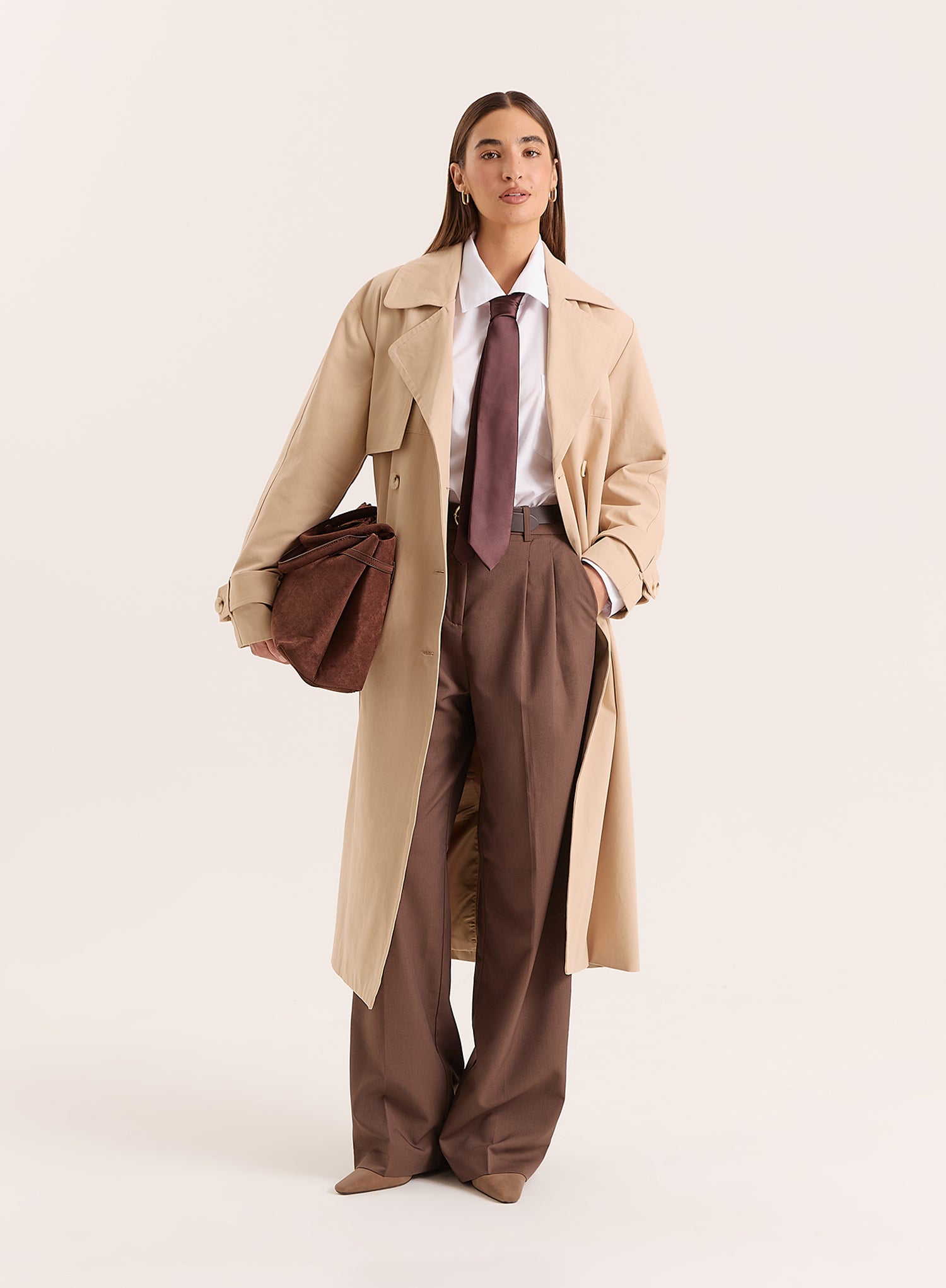 Beige Belted Longline Trench Coat