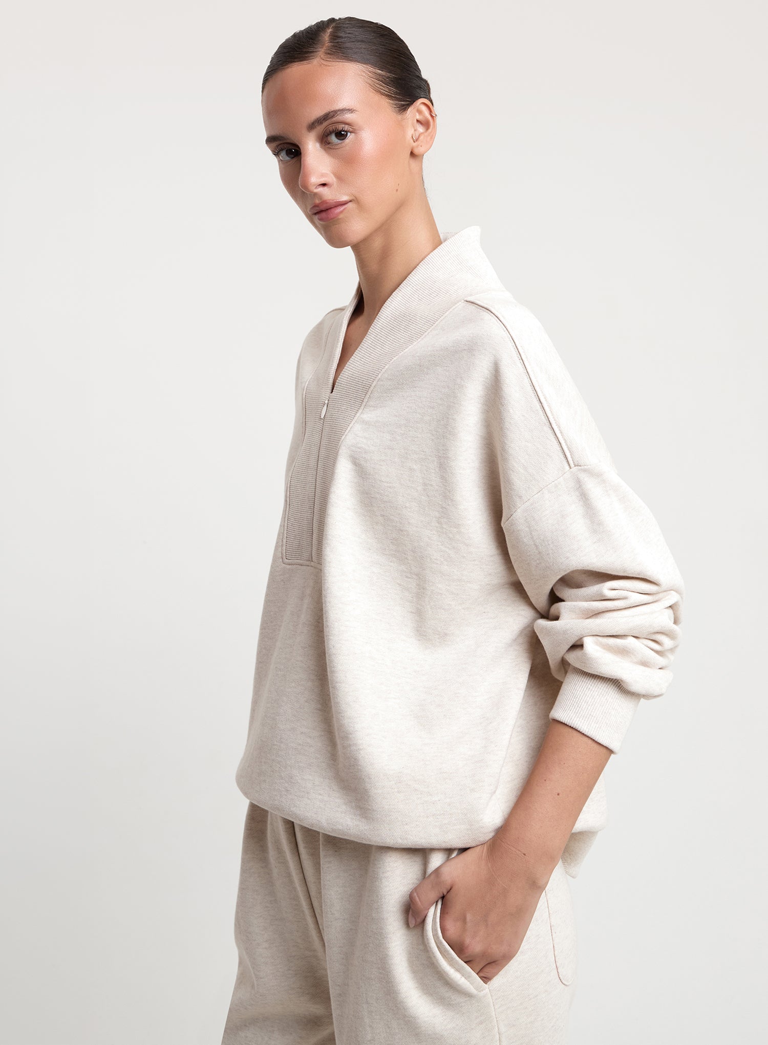 Oatmeal V-Neck Zip Detail Cotton Sweatshirt