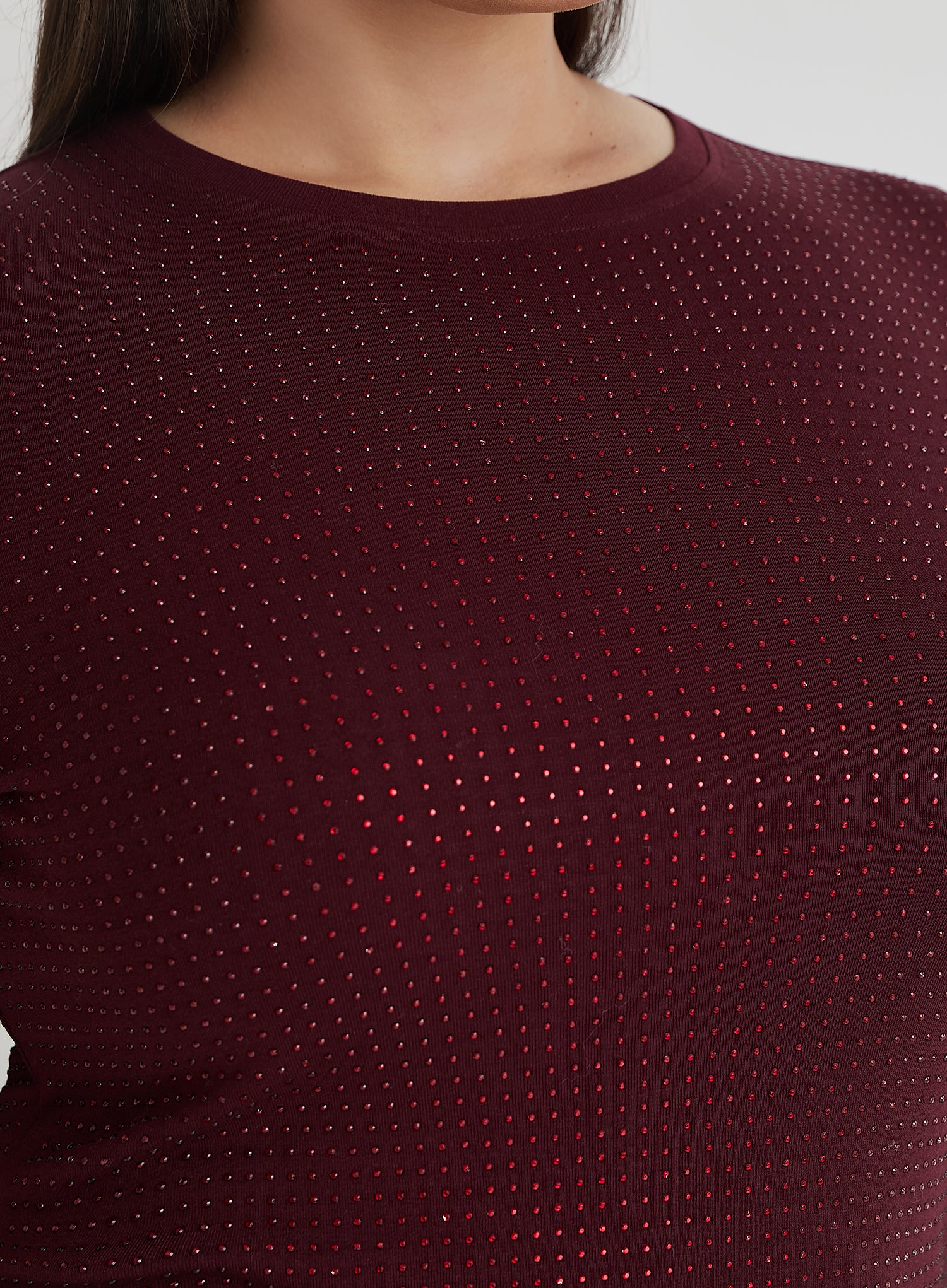 Burgundy Curve Embellished Long Sleeve Top- Indigo