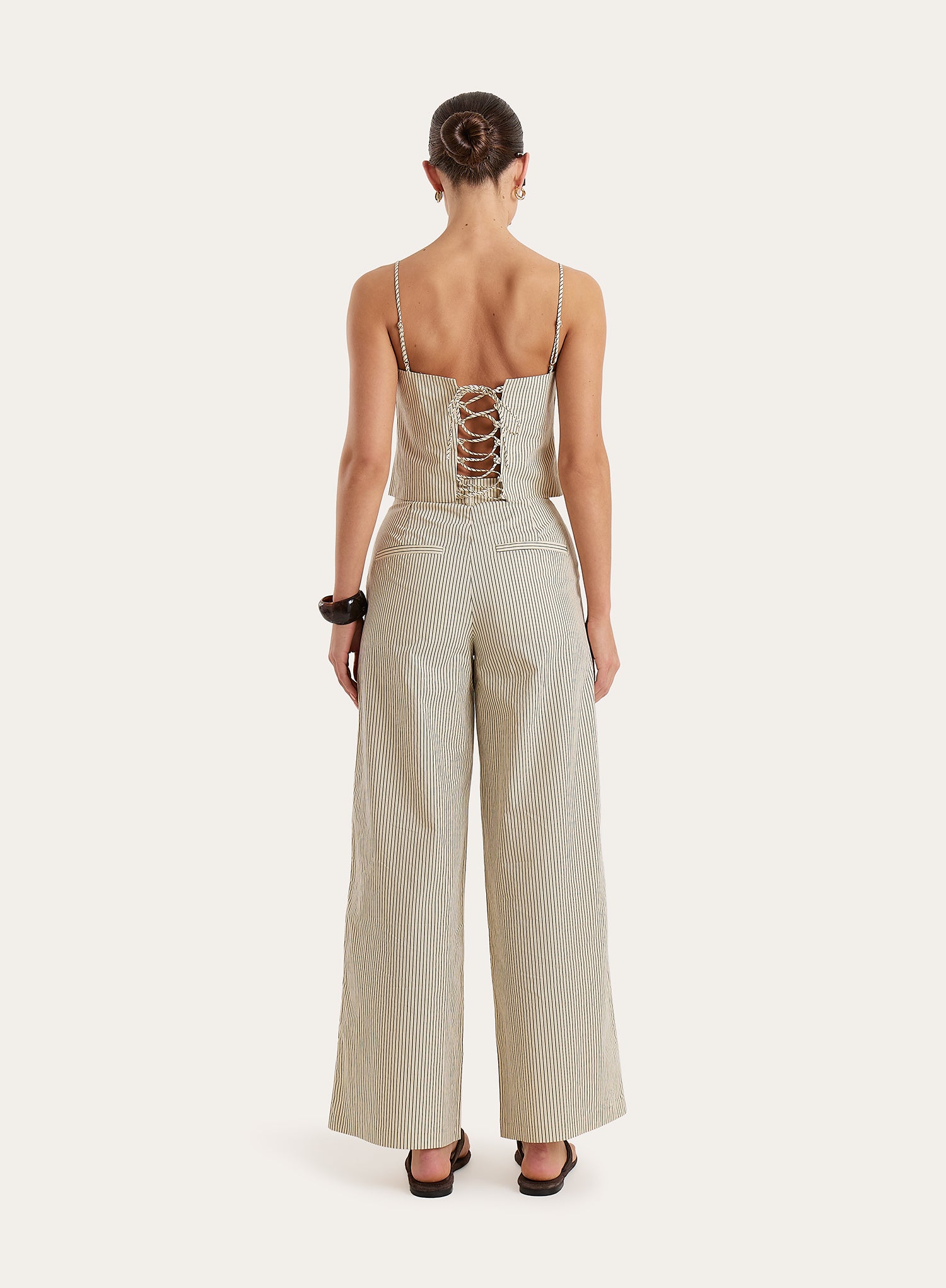 Beige Striped Wide Leg Tailored Trousers