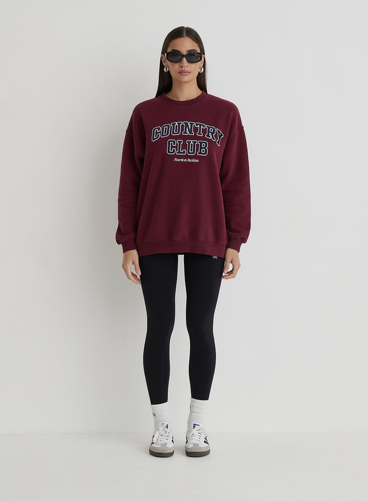 Burgundy Country Club Slogan Oversized Sweatshirt- Charli