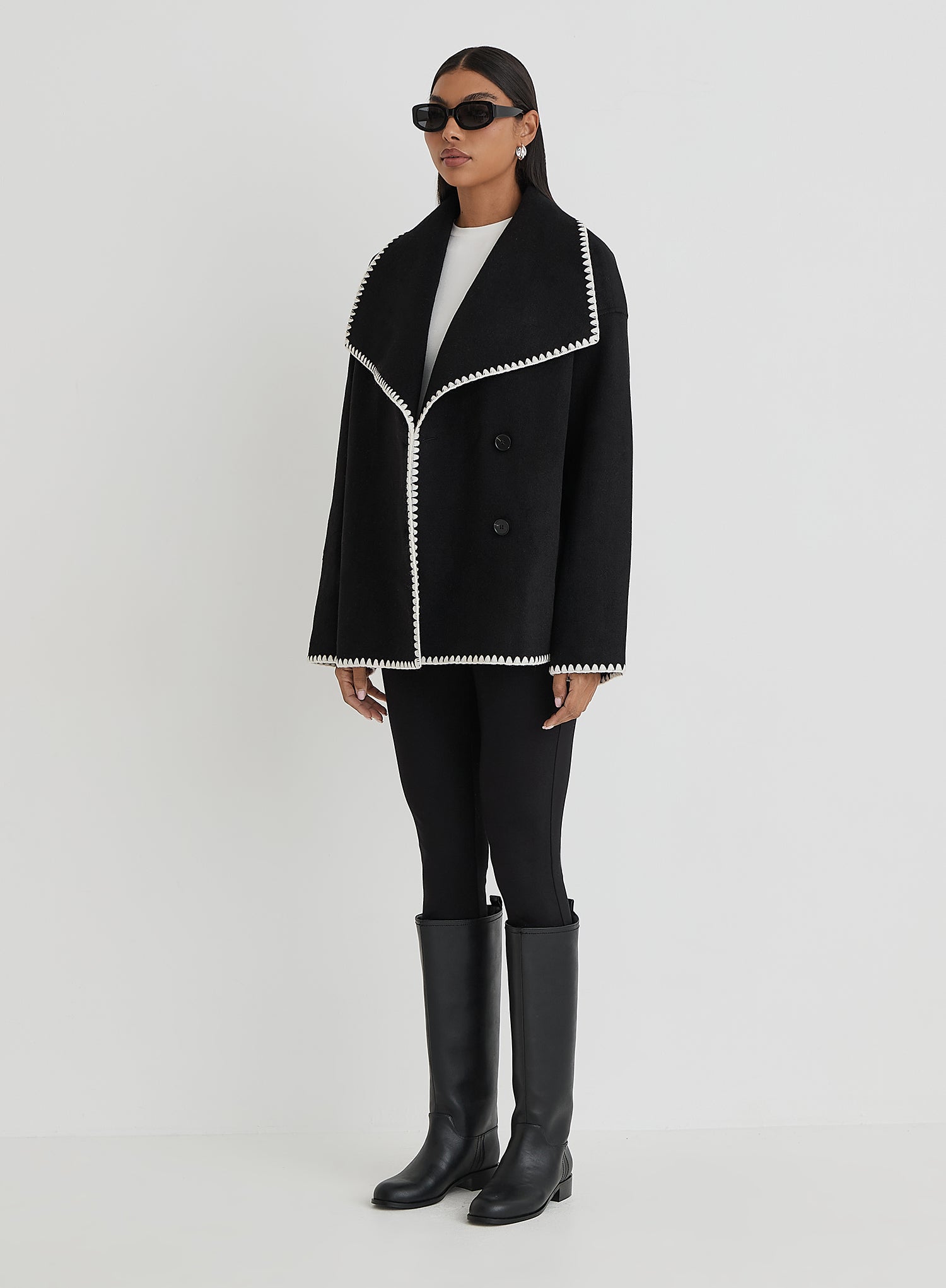 Black Contrast Stitch Oversized Jacket - Darin