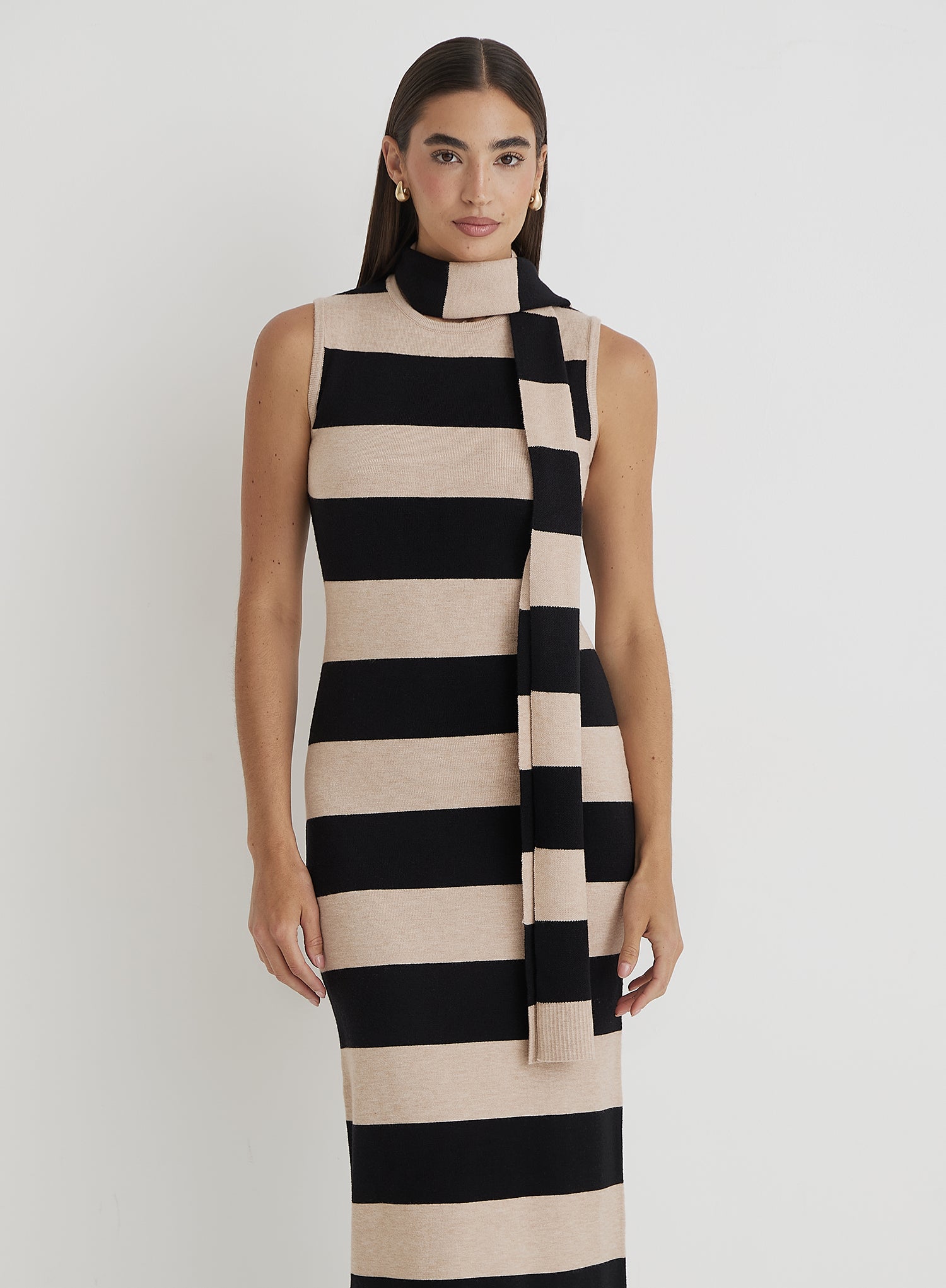 Striped Knitted Maxi Dress With Scarf- Fran