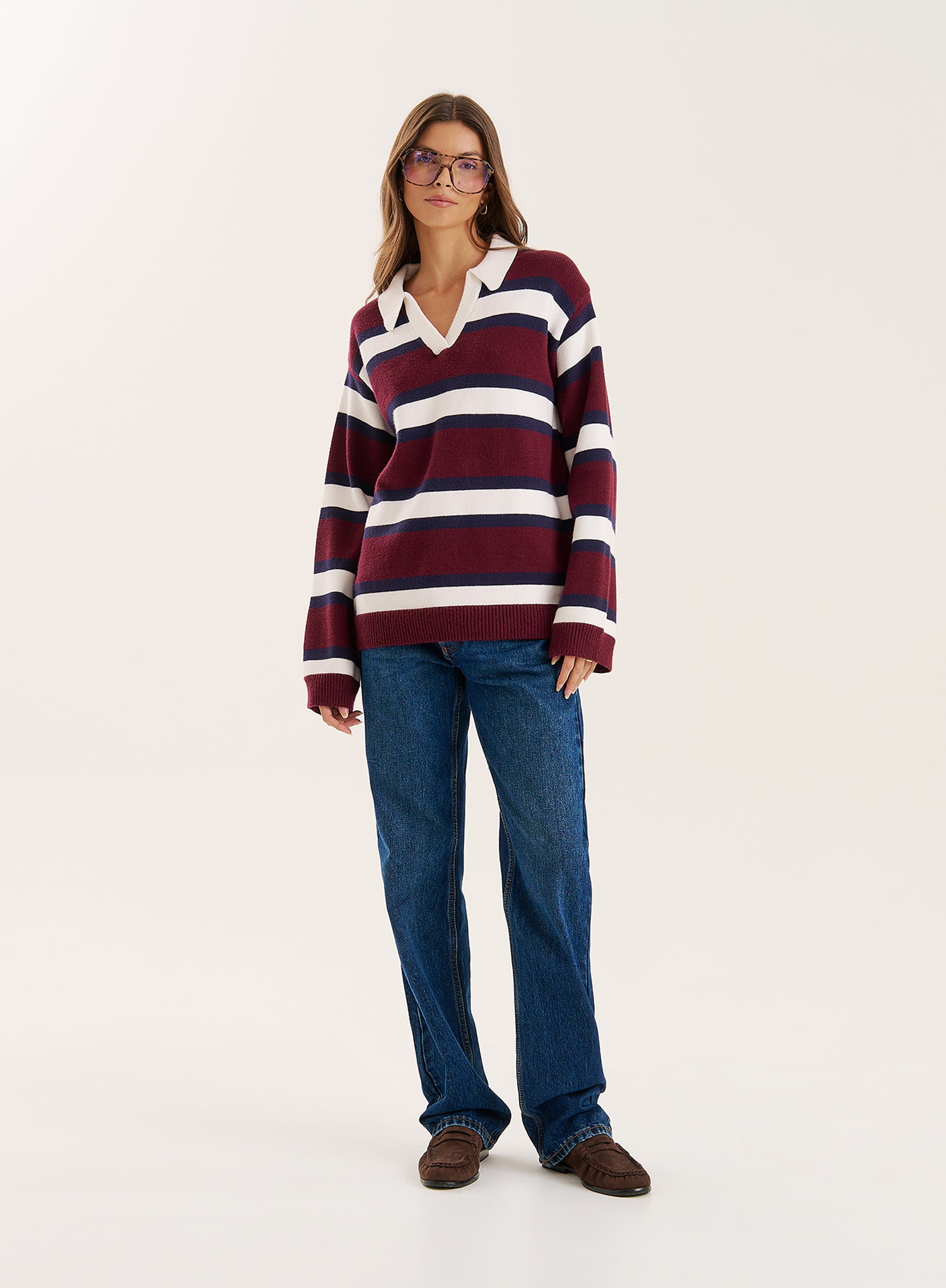 Striped Knitted Contrast Collar Jumper