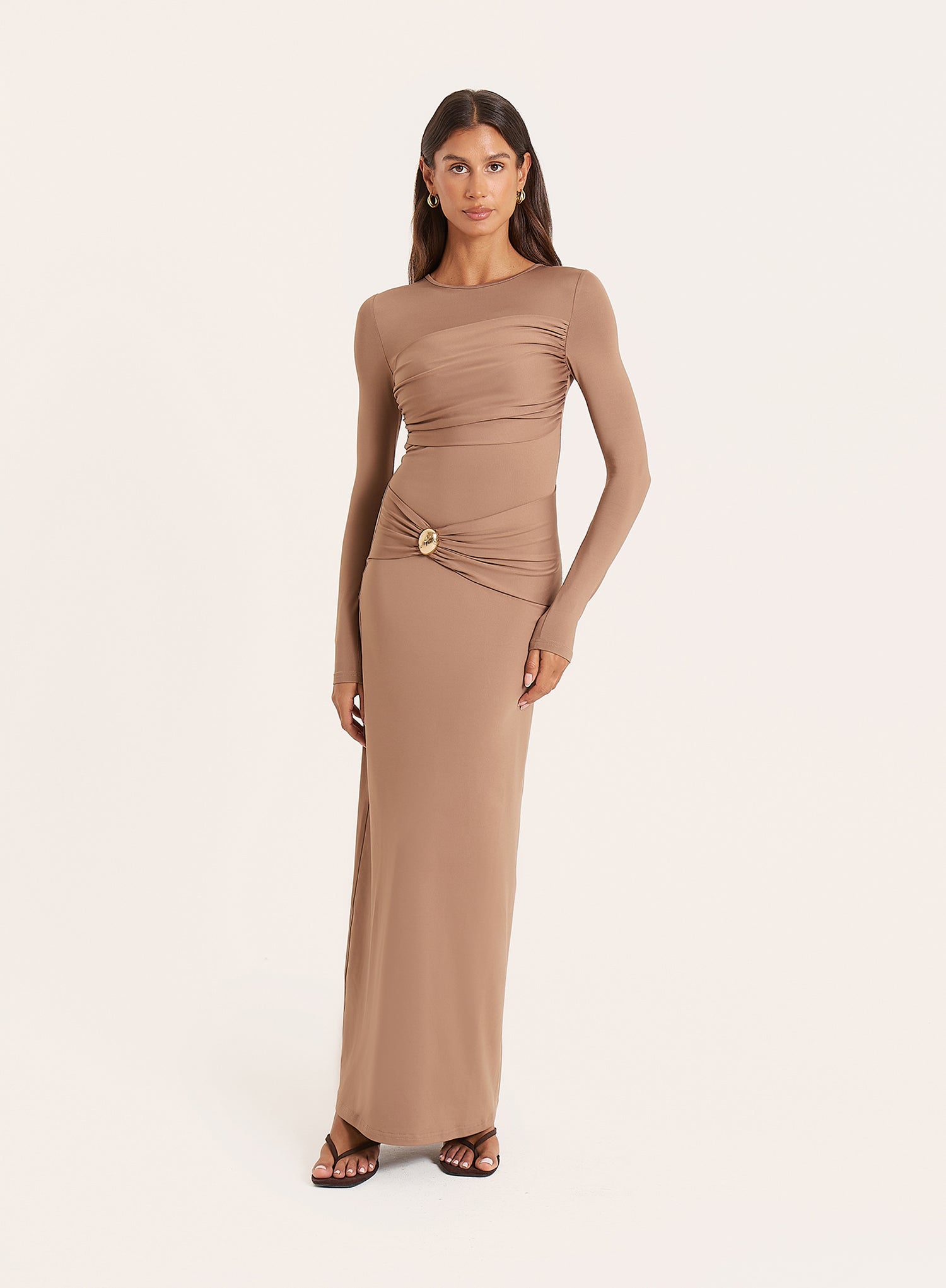 Mocha Hardware Ruched Detail Maxi Dress