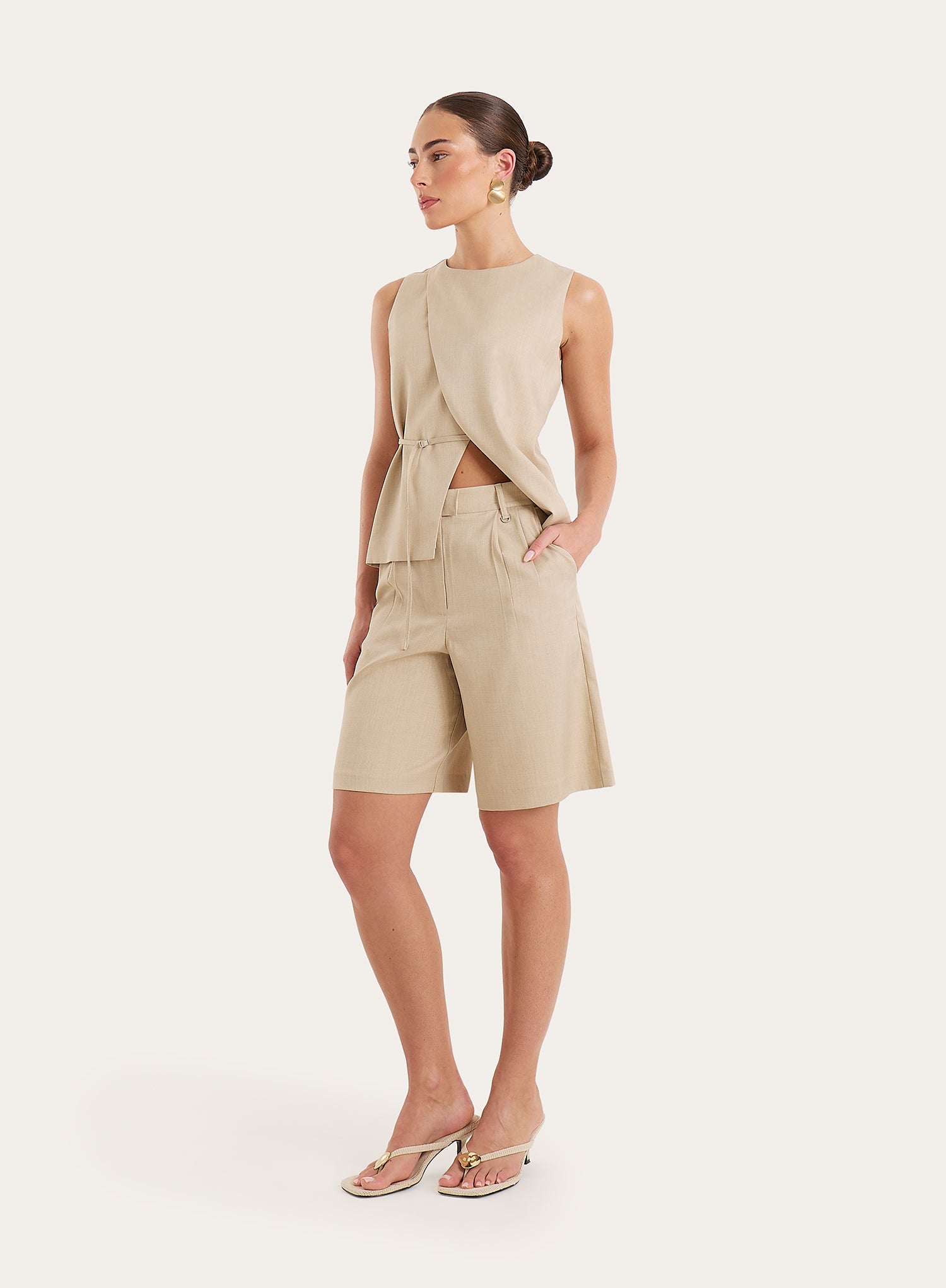 Beige Tailored Tie Waist Detail Wrap Front Top