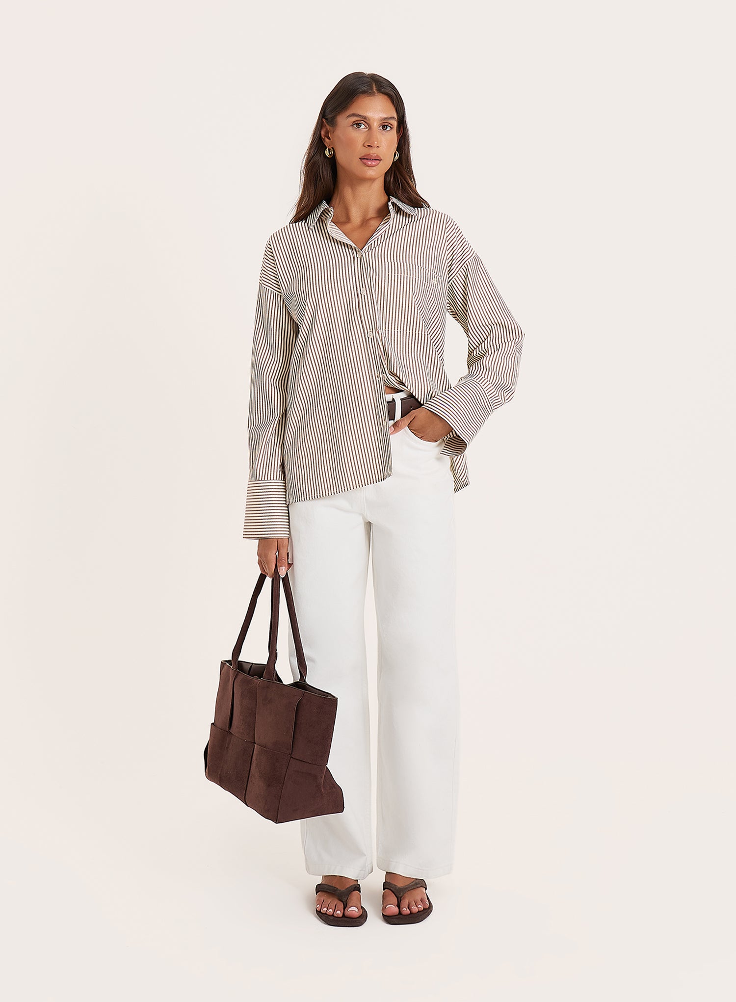 White And Beige Stripe Cotton Tie Back Detail Shirt