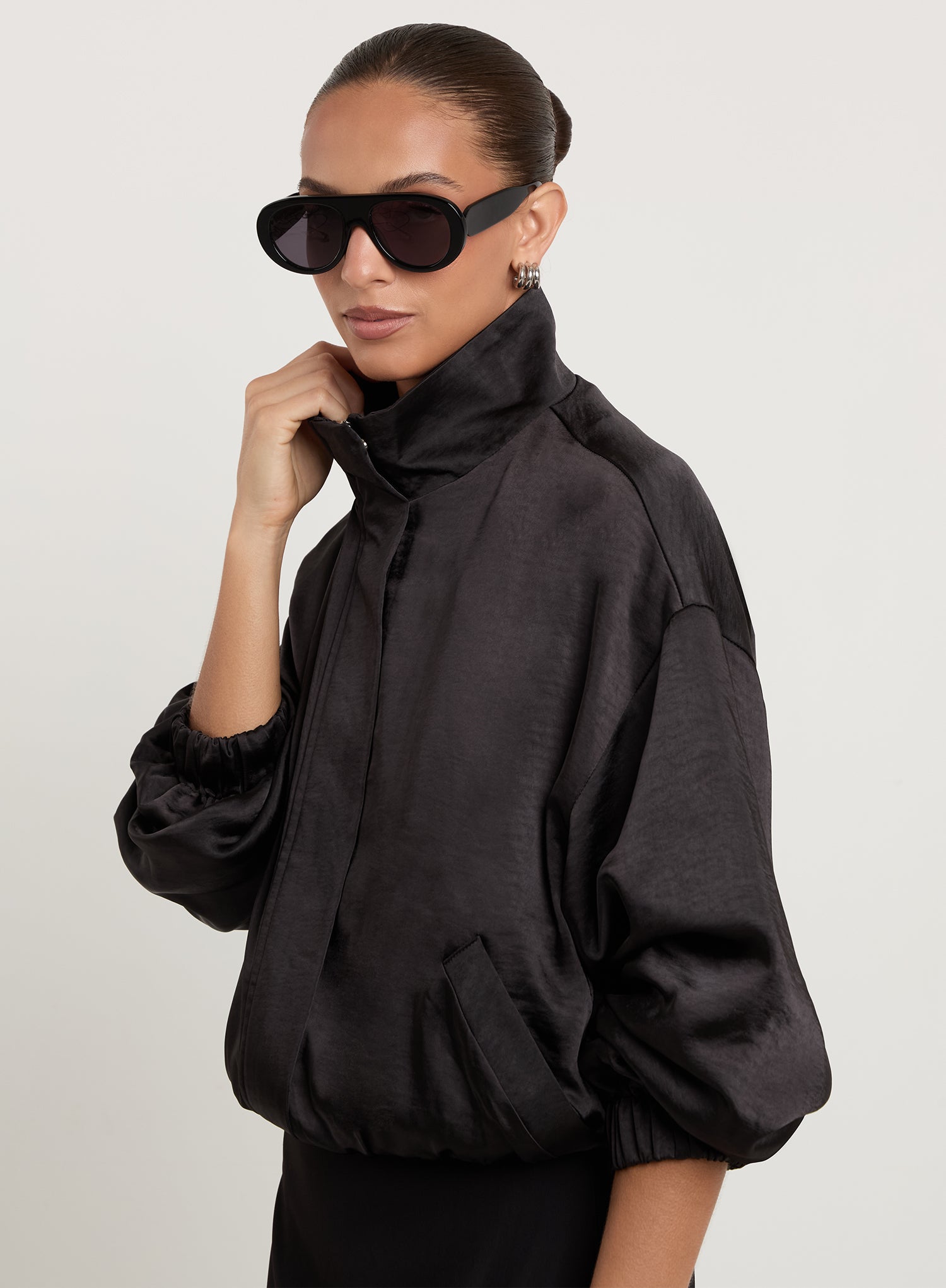Black Satin Dropped Shoulder Bomber Jacket