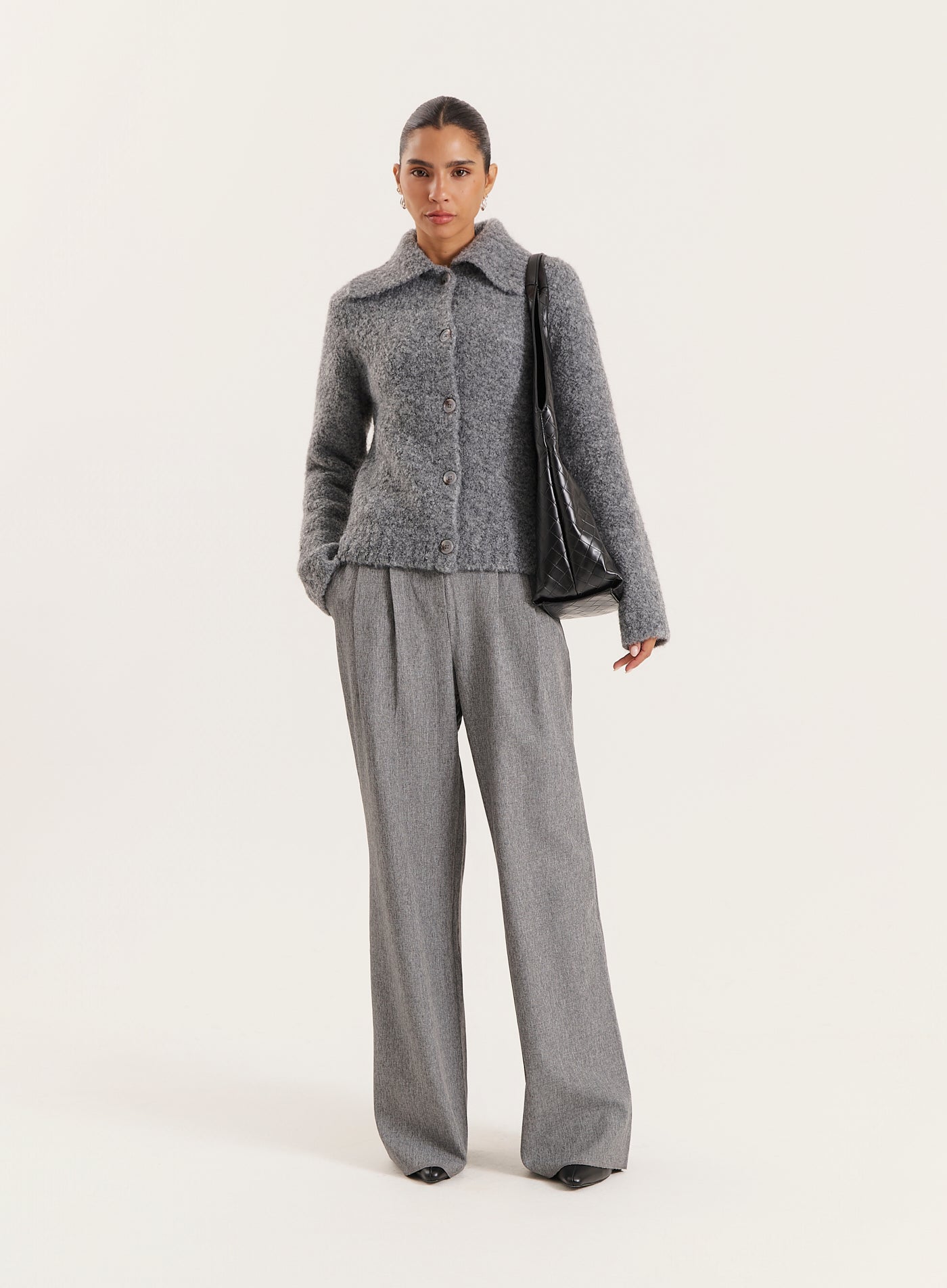 Dark Grey Knitted Collared Cardigan