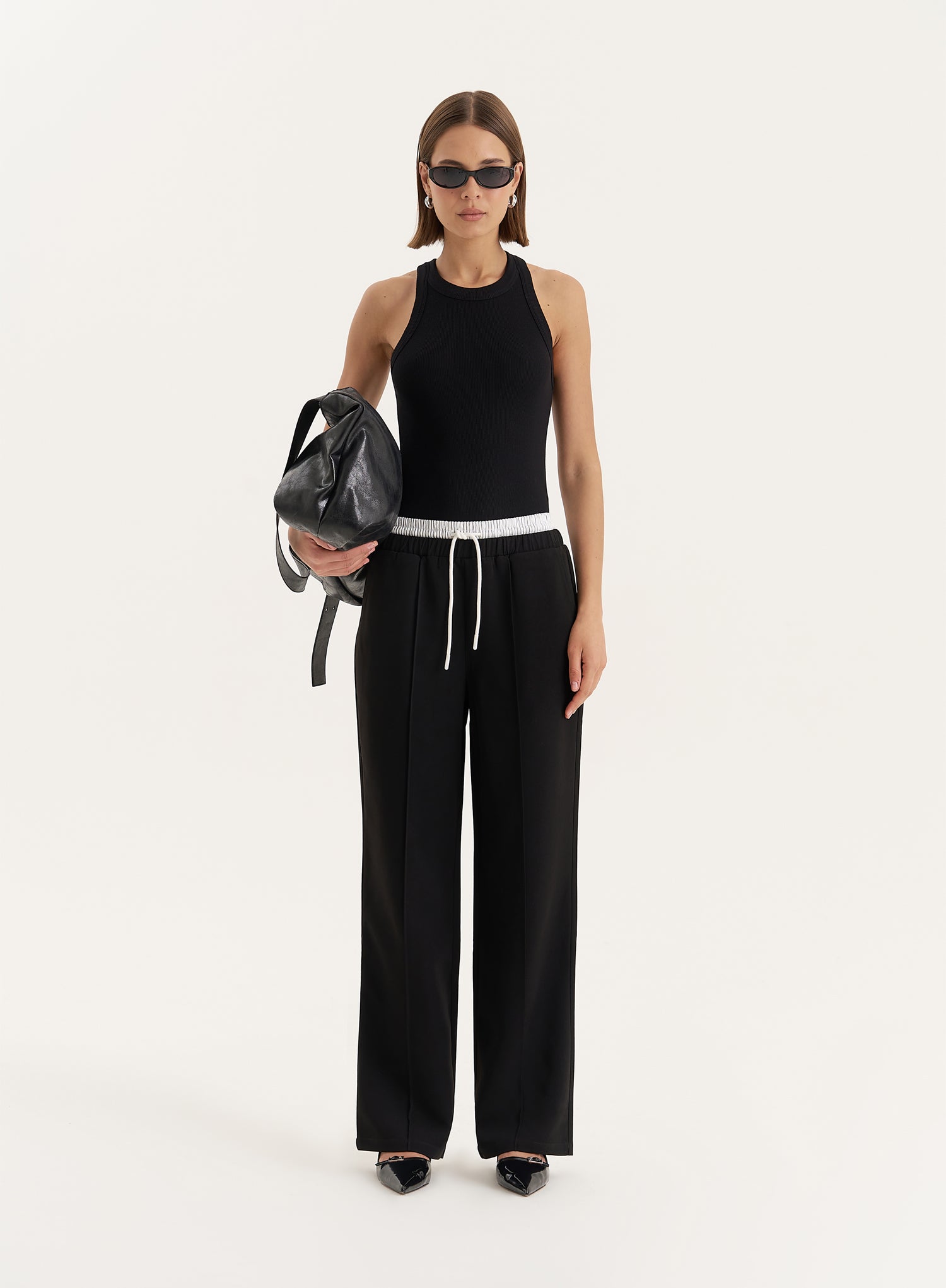 Black Contrast Waistband Straight Leg Trouser- Bianca