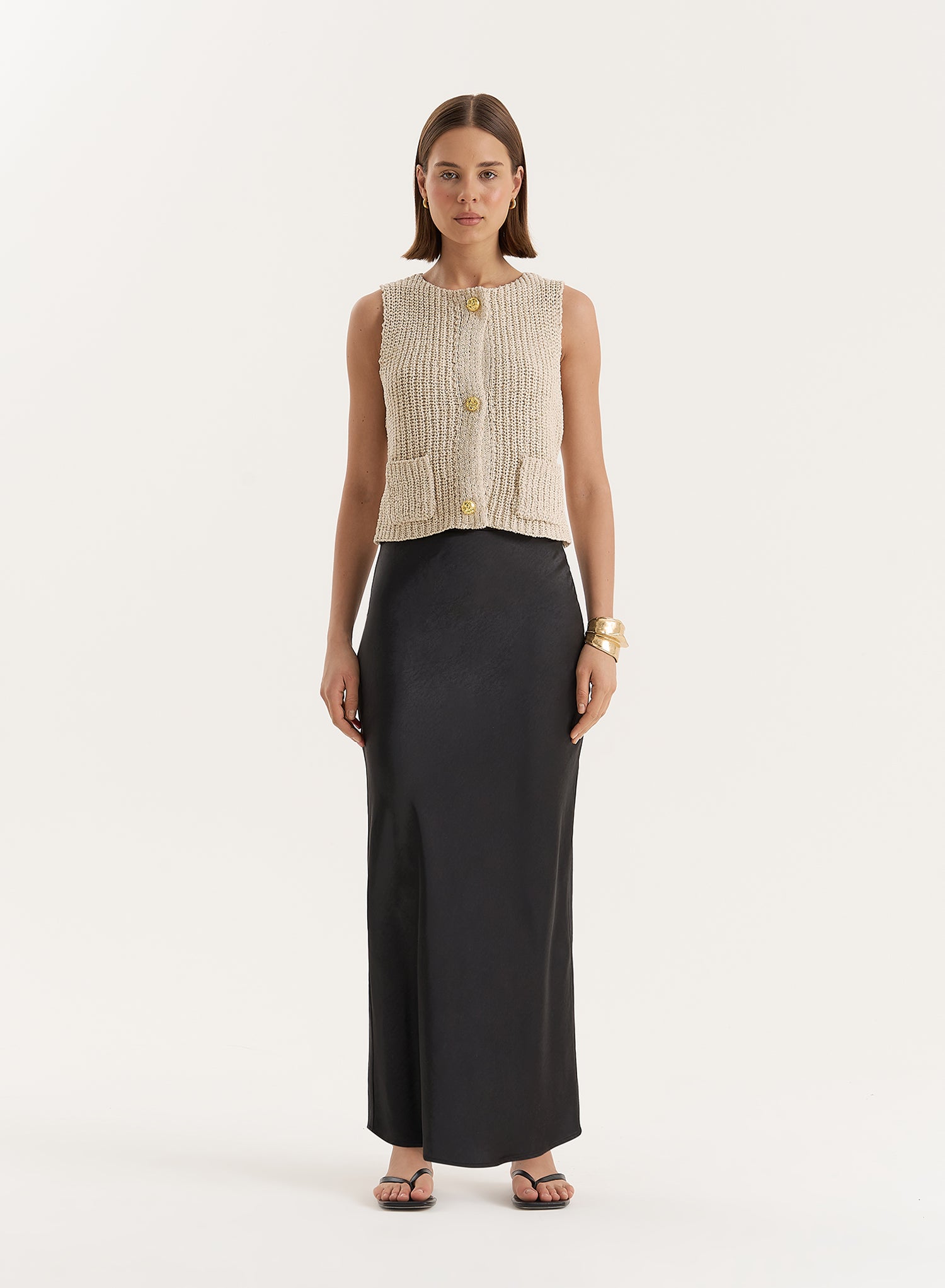 Beige Boucle Knit Sleeveless Waistcoat