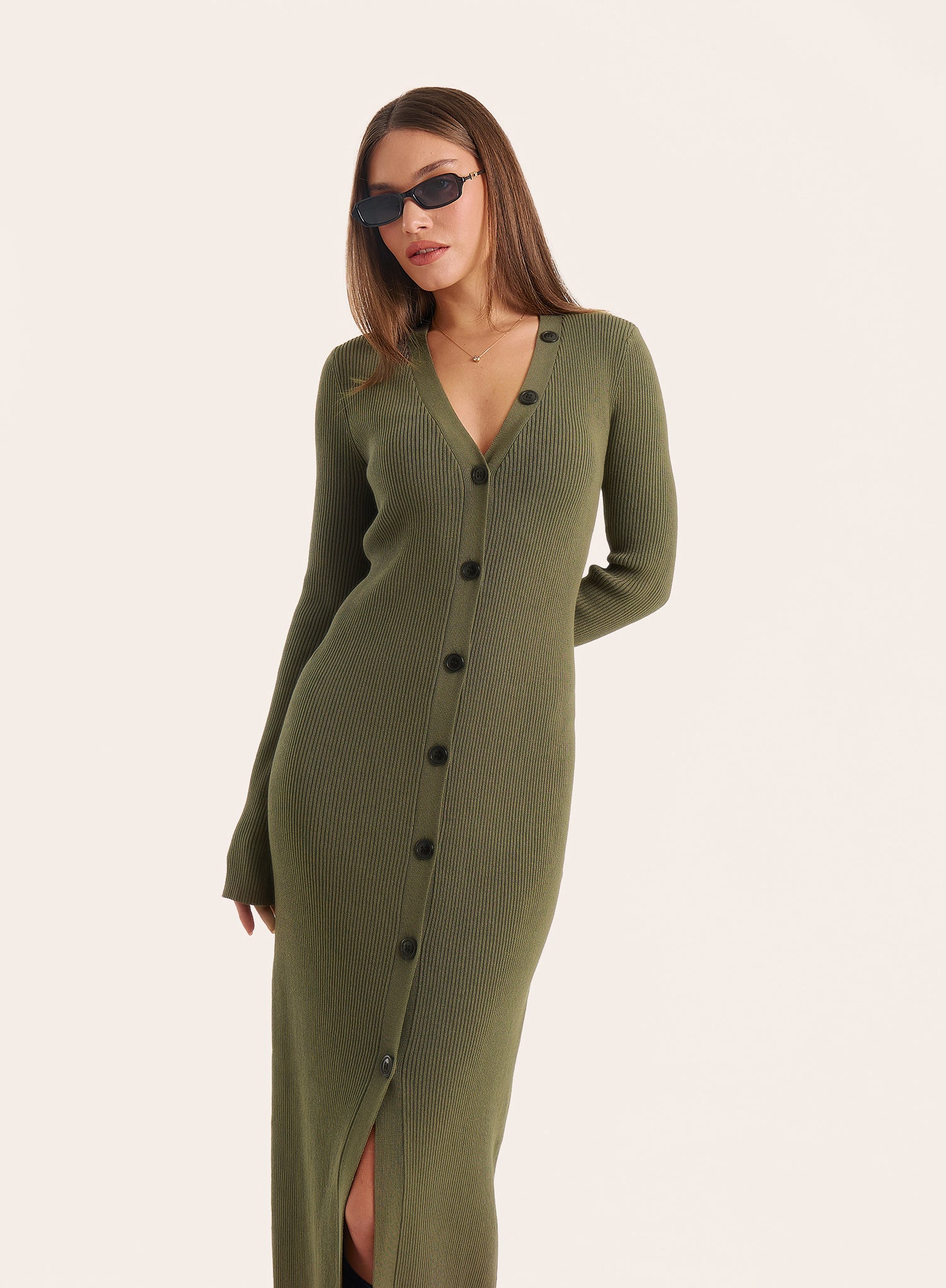 Olive V Neck Knitted Longline Cardigan