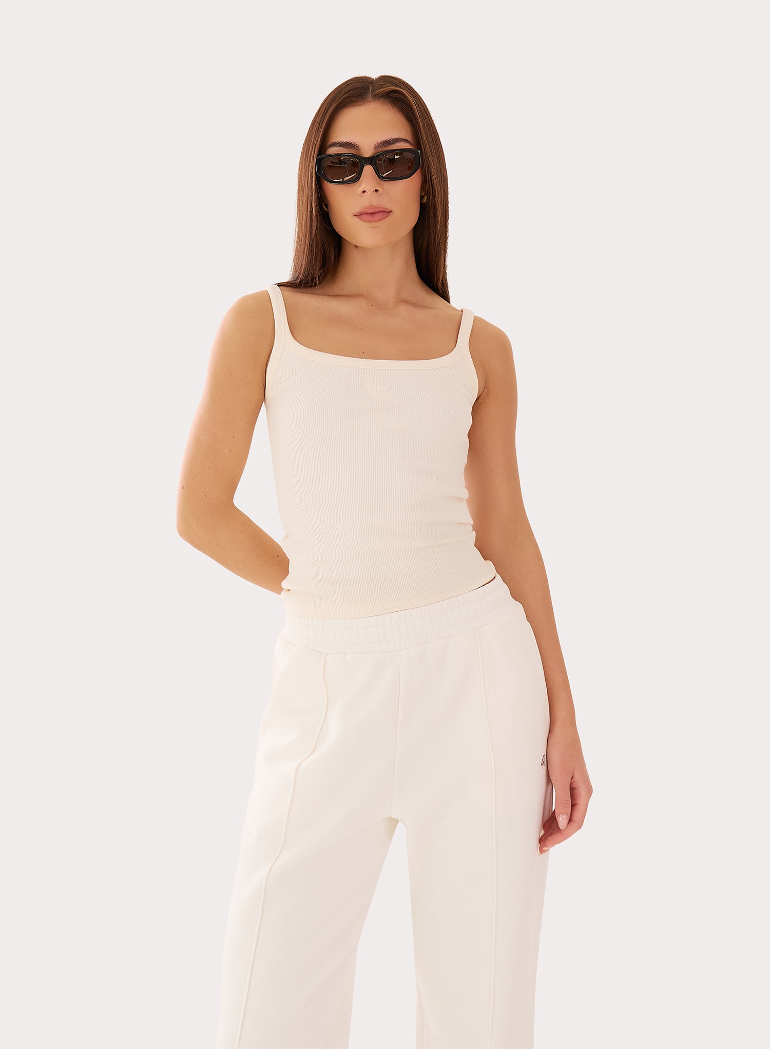 Cream Ribbed Branded Cotton Vest Top