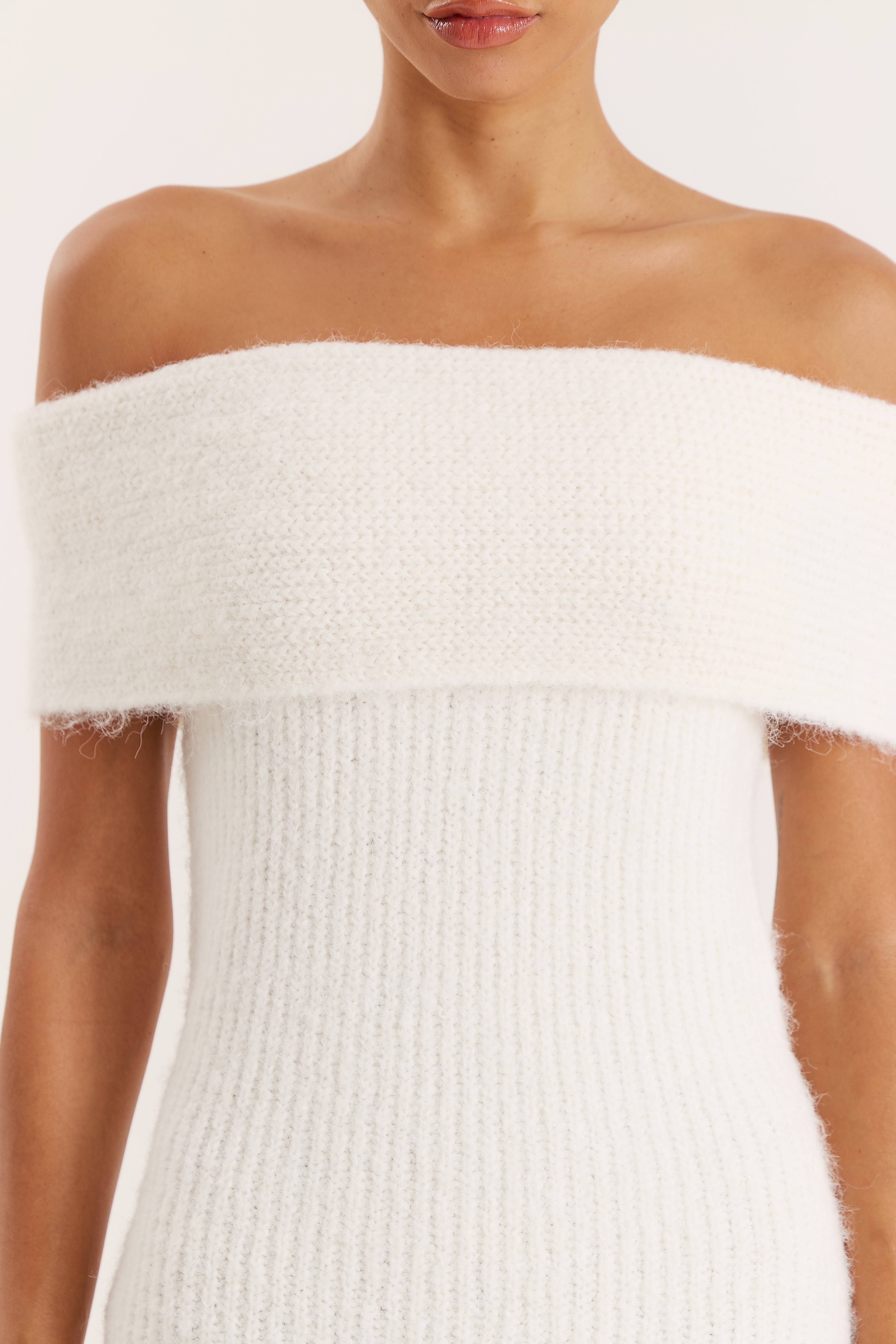 Cream Bardot Knitted Maxi Dress