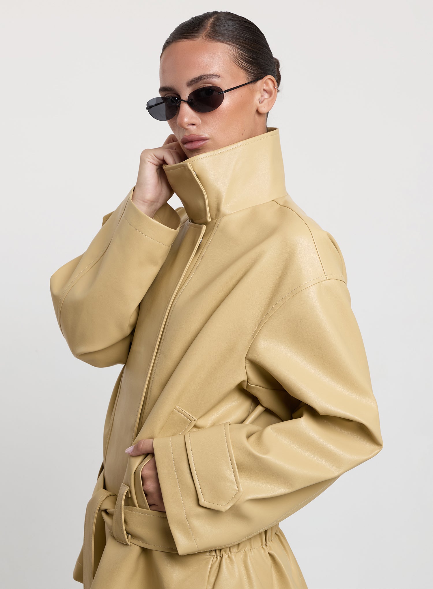 Butter Yellow Faux Leather Funnel Neck Jacket