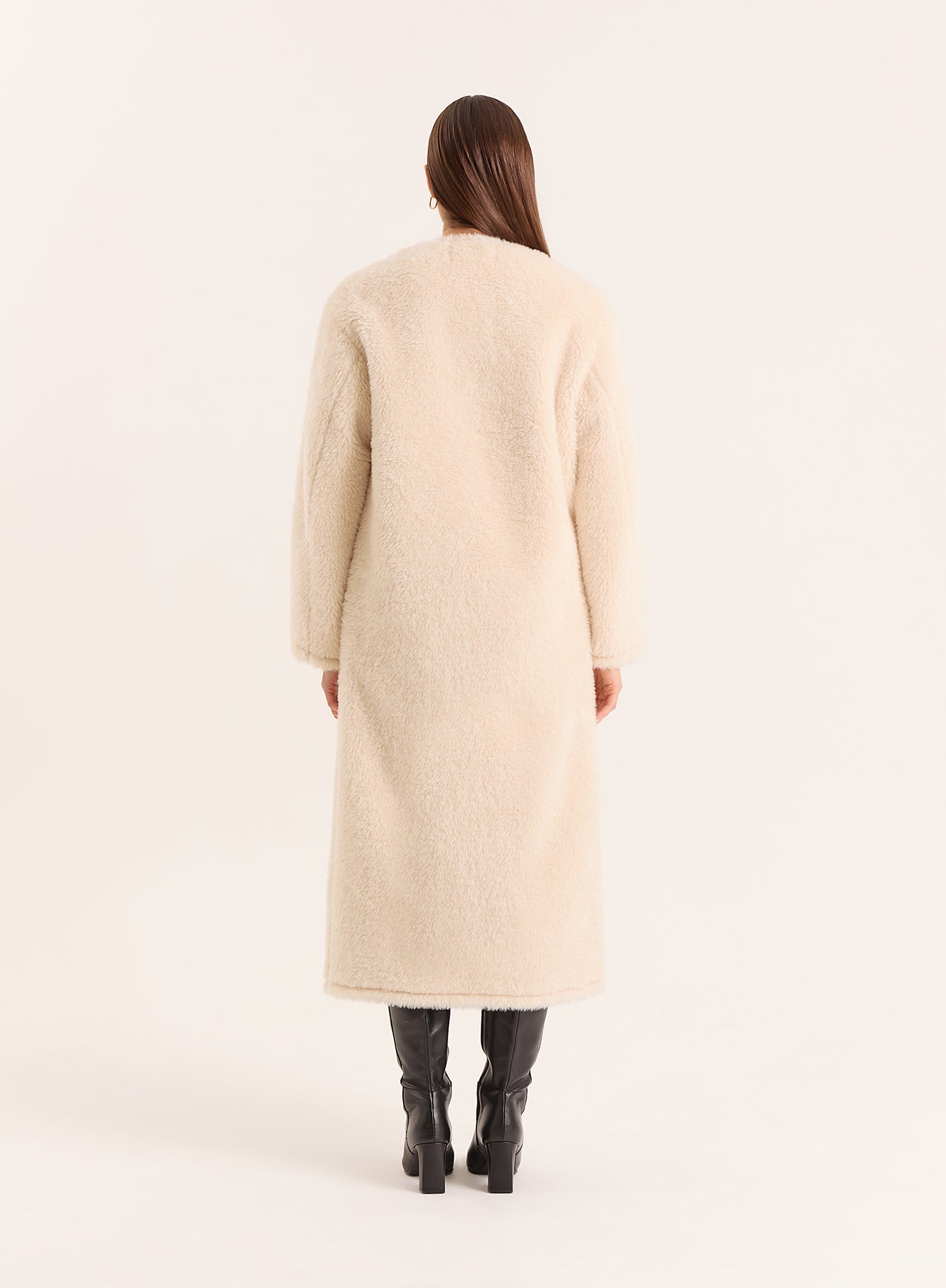 Cream Shearling Longline Buttoned Coat