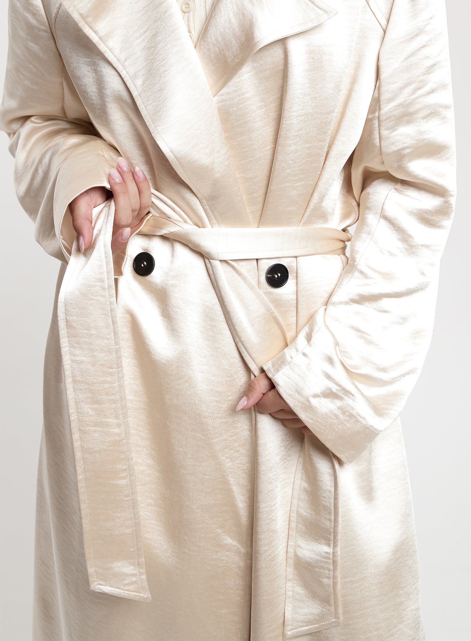 Cream Satin Belted Trench Coat