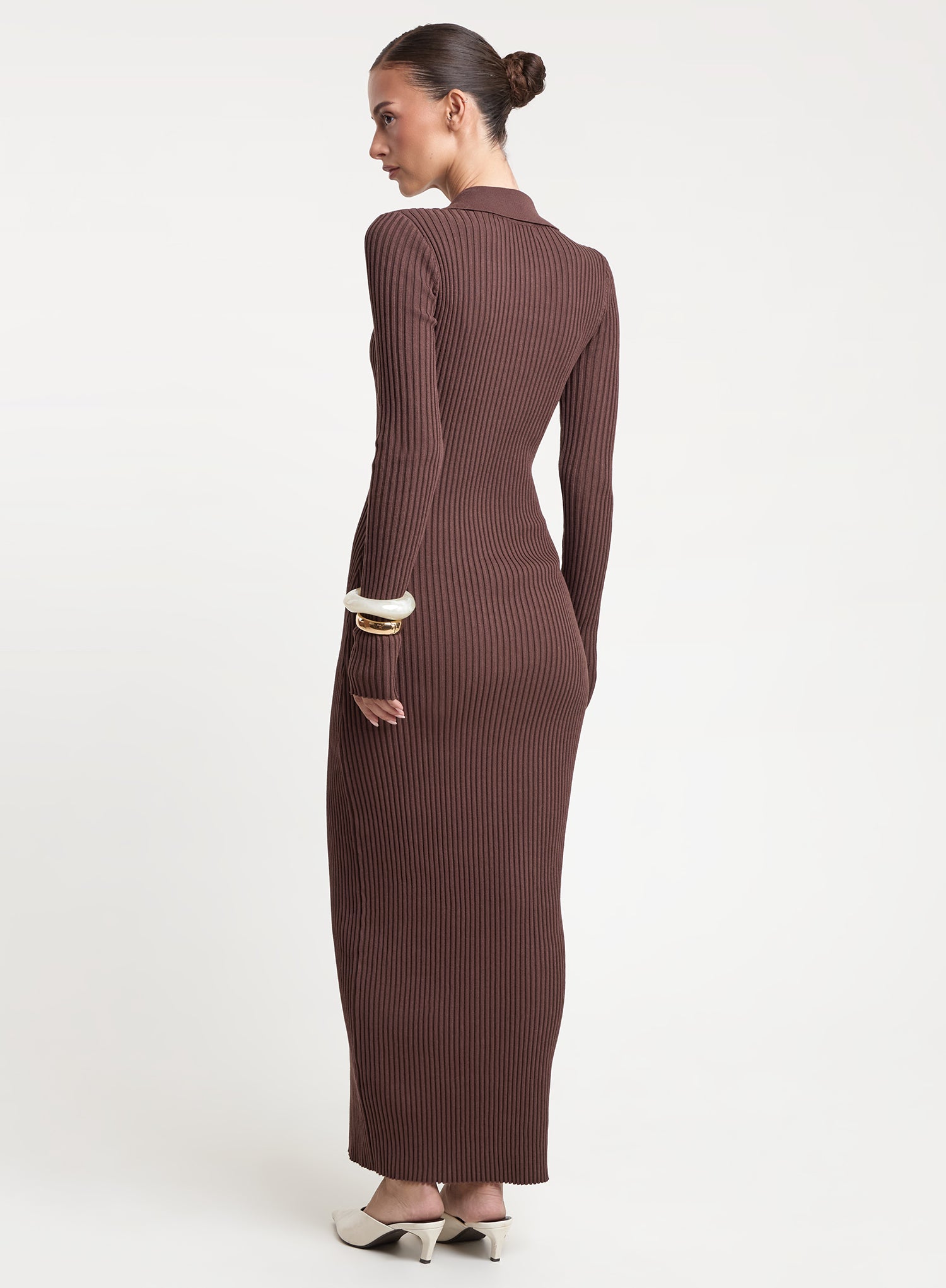 Chocolate Polo Collar Knitted Maxi Dress