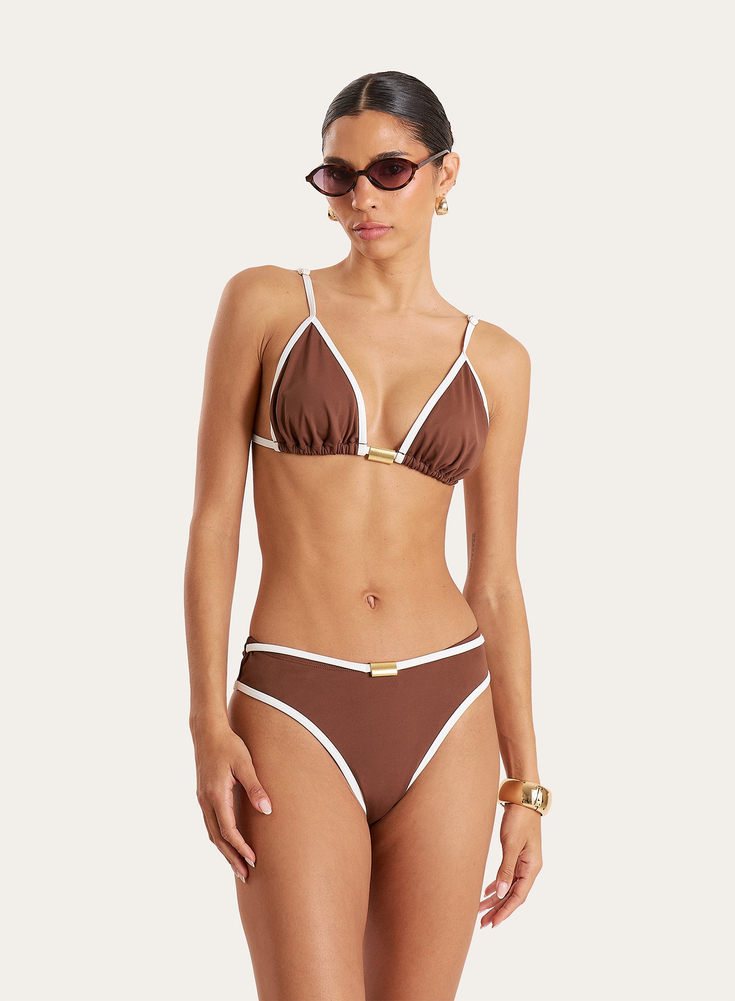 Brown Contrast Trim Bikini Bottoms