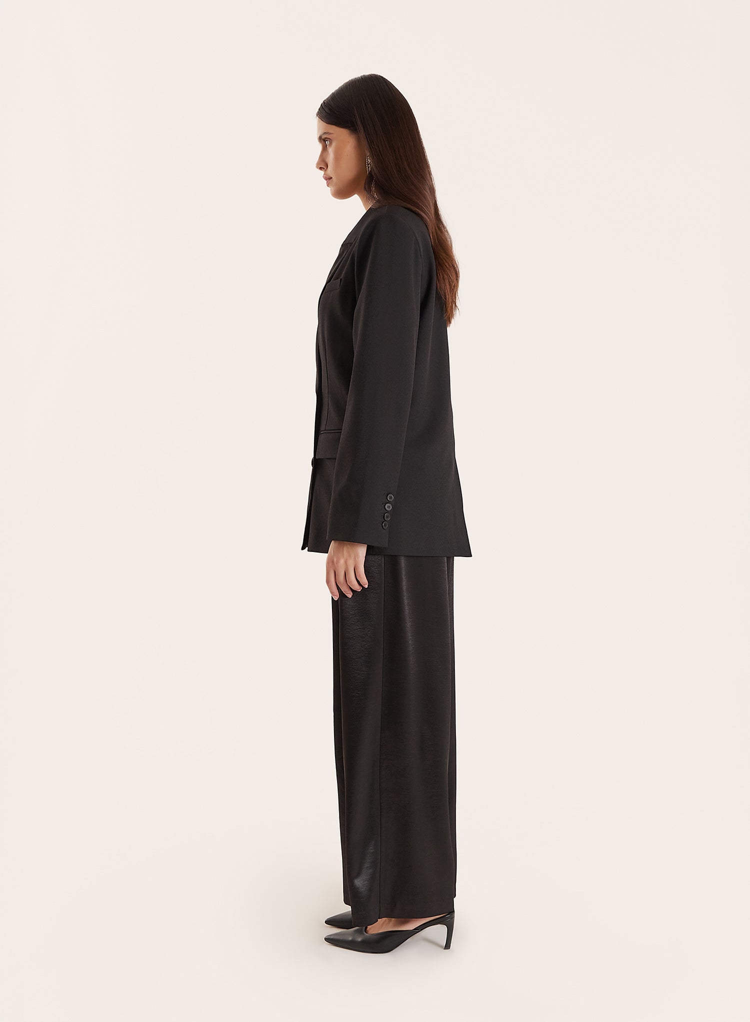 Black Pleated Waistband Wide Leg Satin Trousers