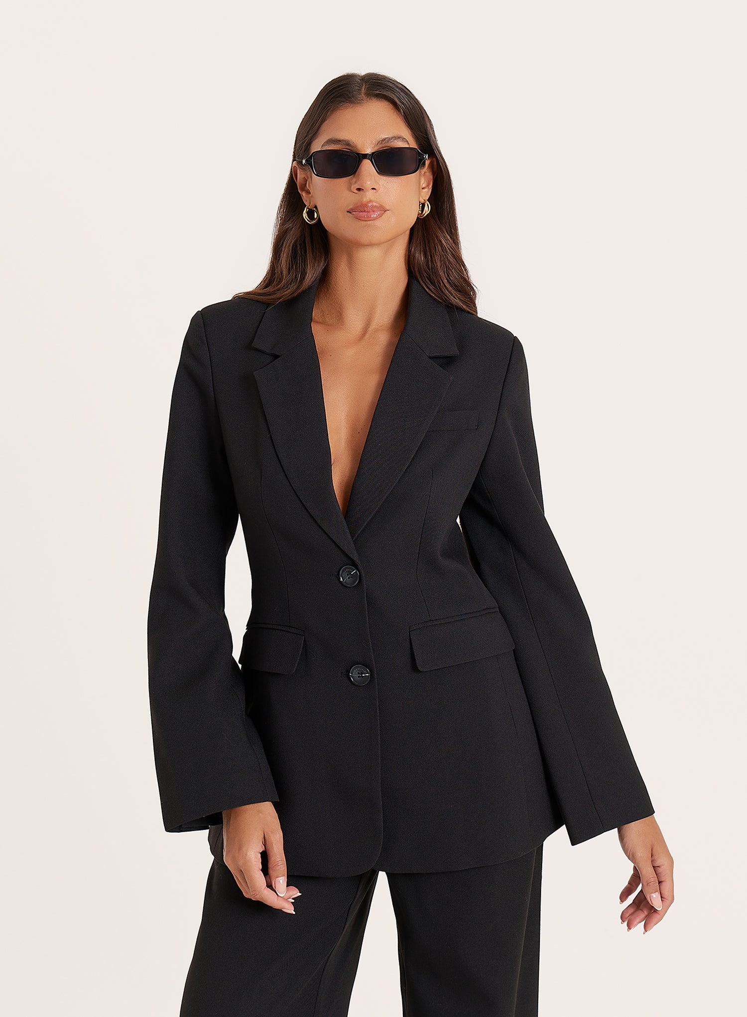 Black Cinched Waist Flared Sleeve Blazer