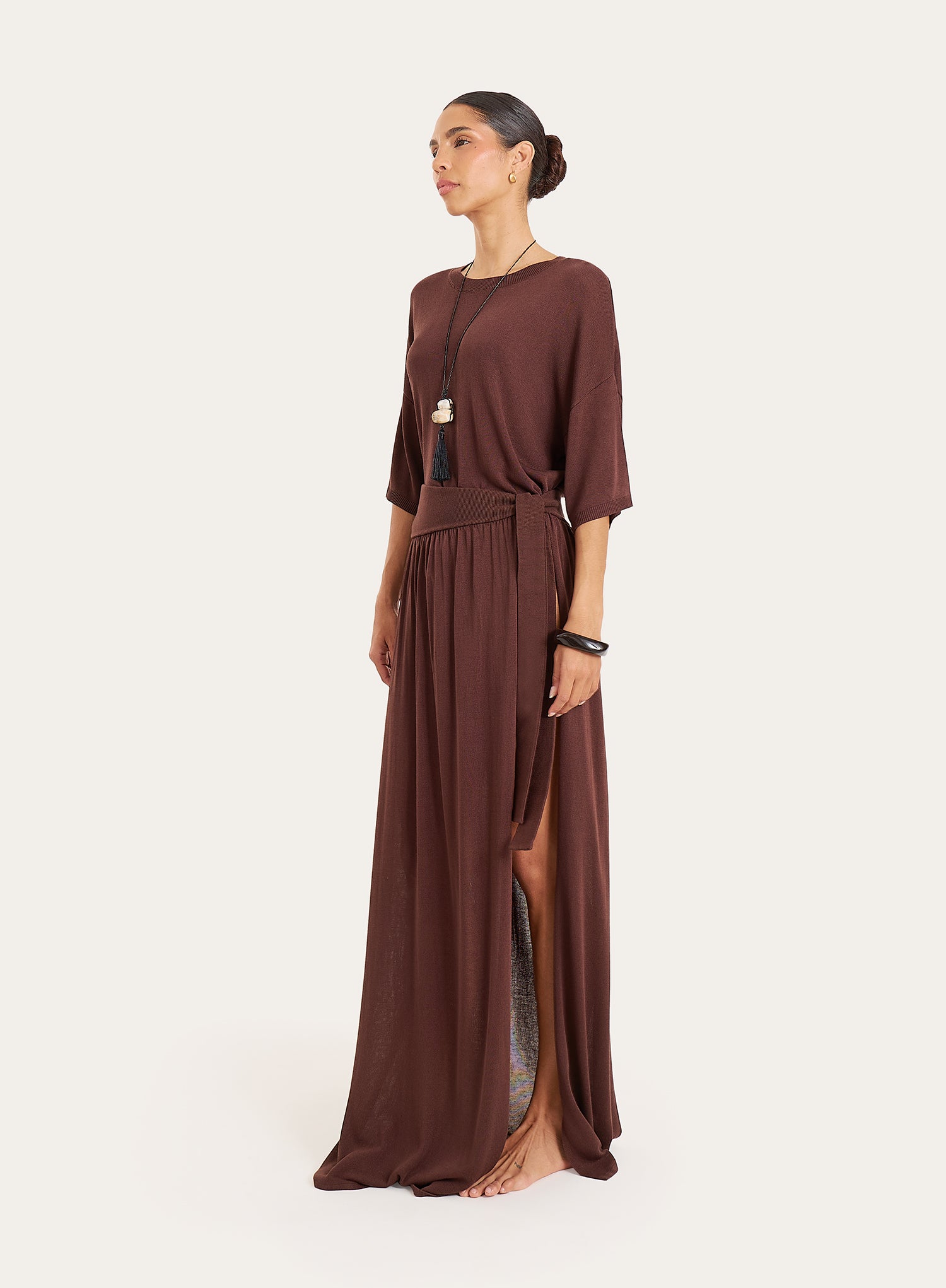 Brown Belt Detail Semi Sheer Thigh Split Maxi Skirt