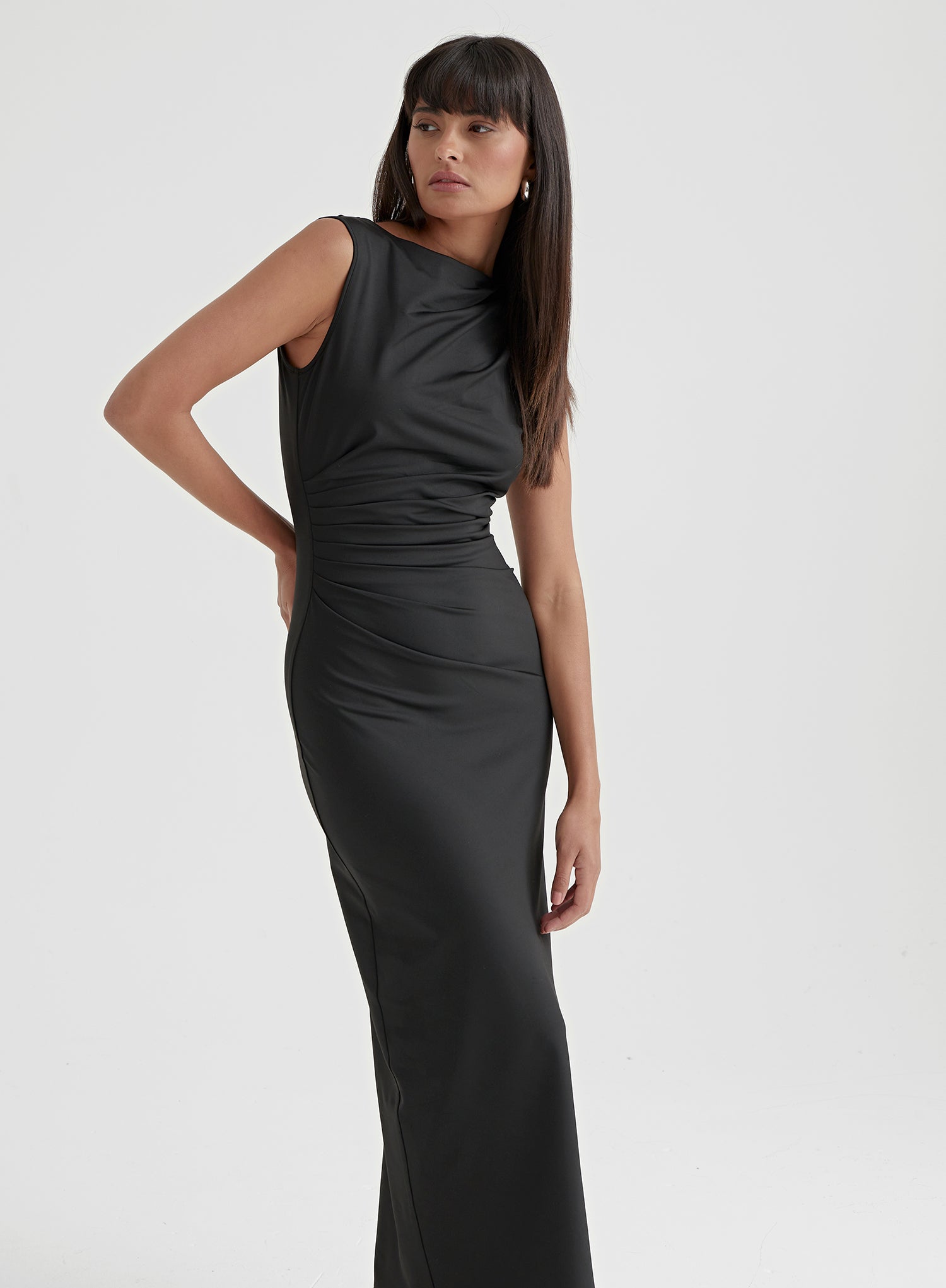 Black Ruched Jersey Midaxi Dress - Tamilda