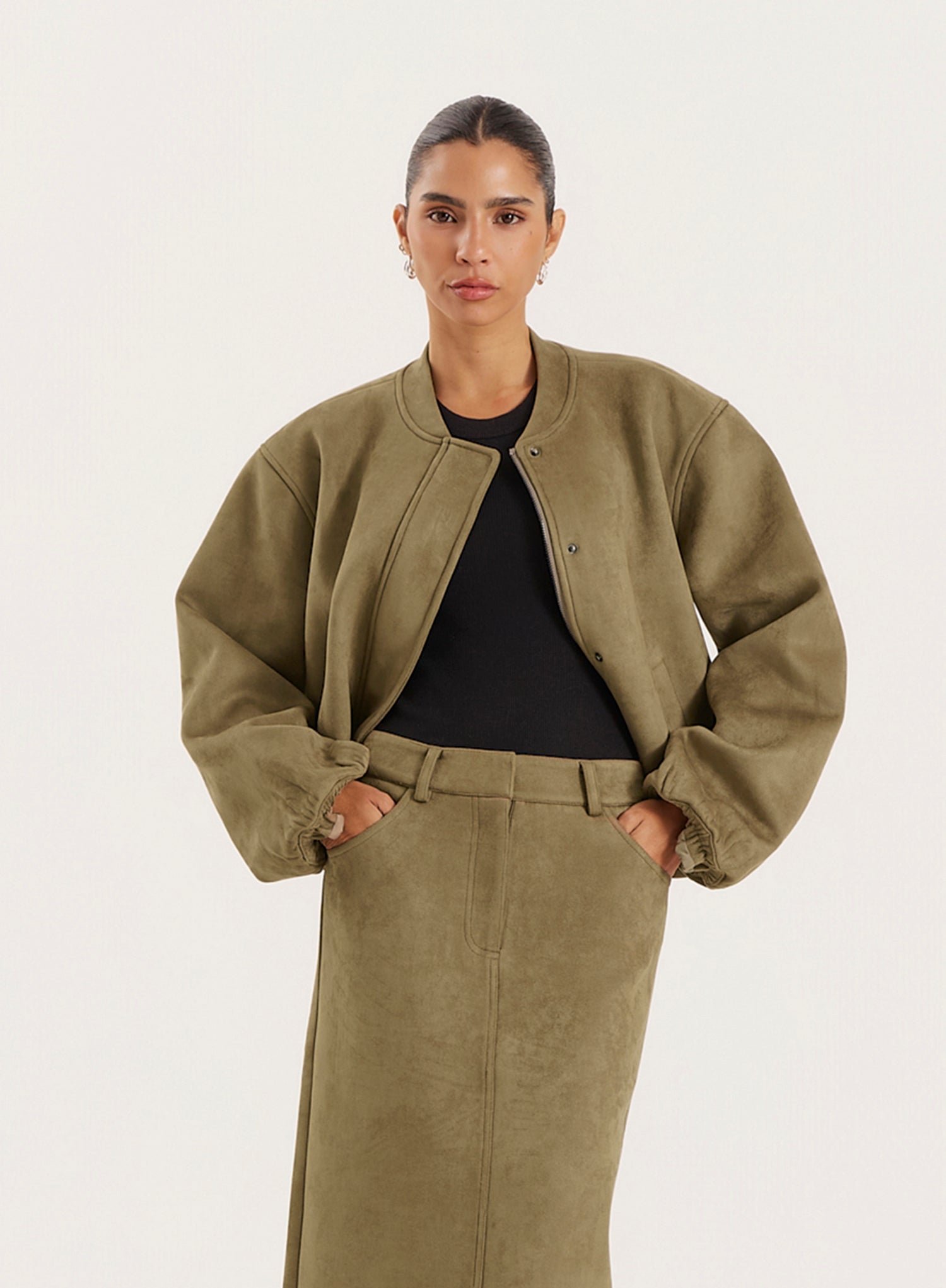 Olive Faux Suede Bomber Jacket