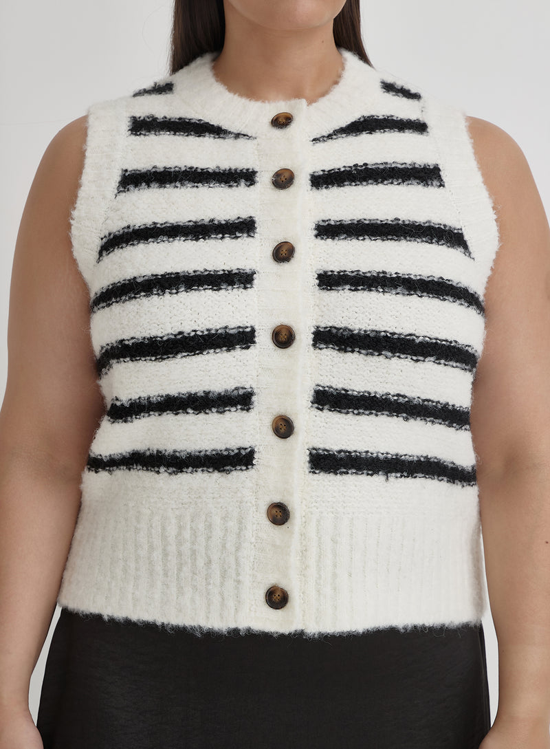 Black And Cream Curve Stripe Knitted Waistcoat- Daphie