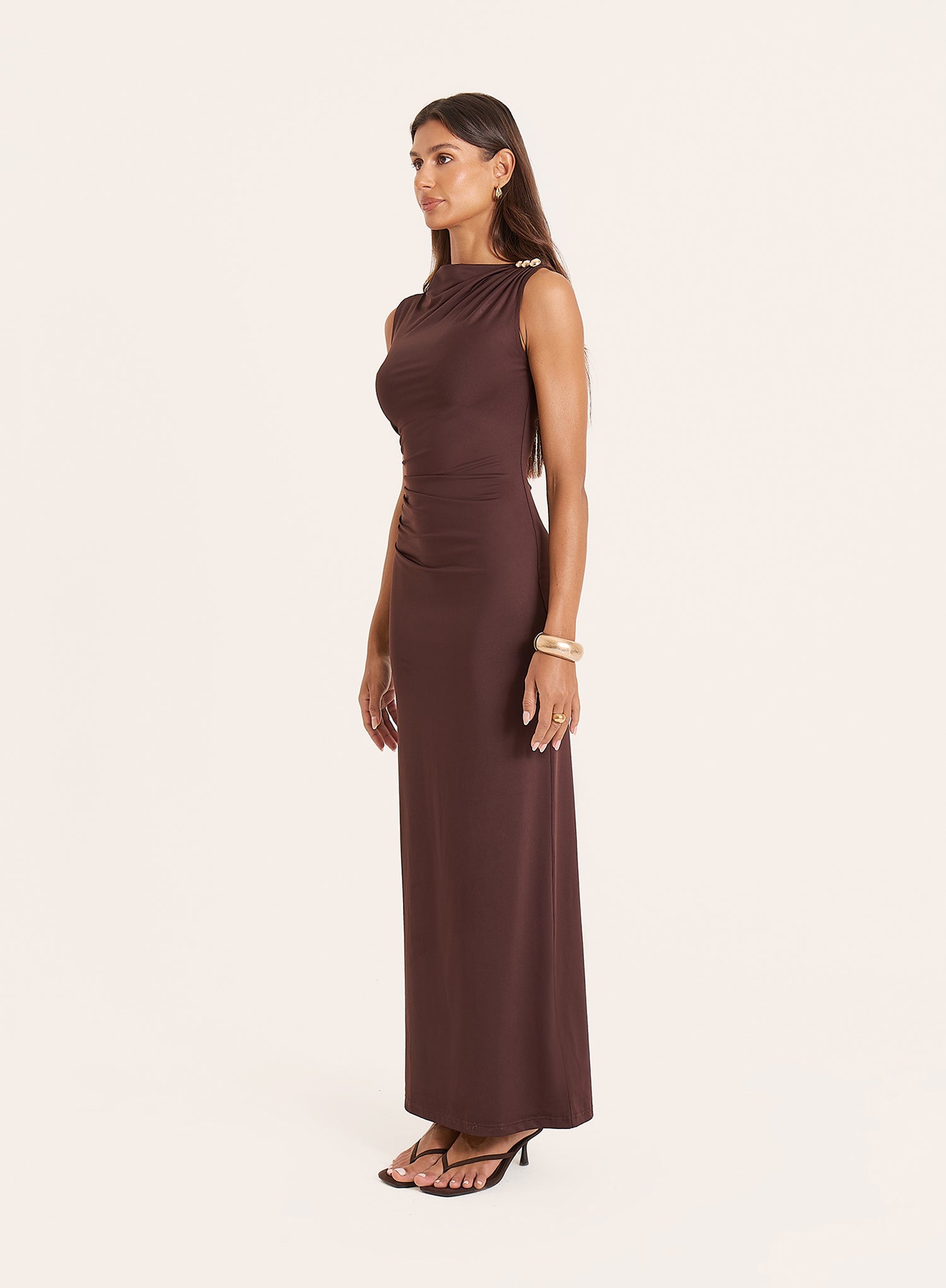 Chocolate Hardware Ruched Maxi Dress