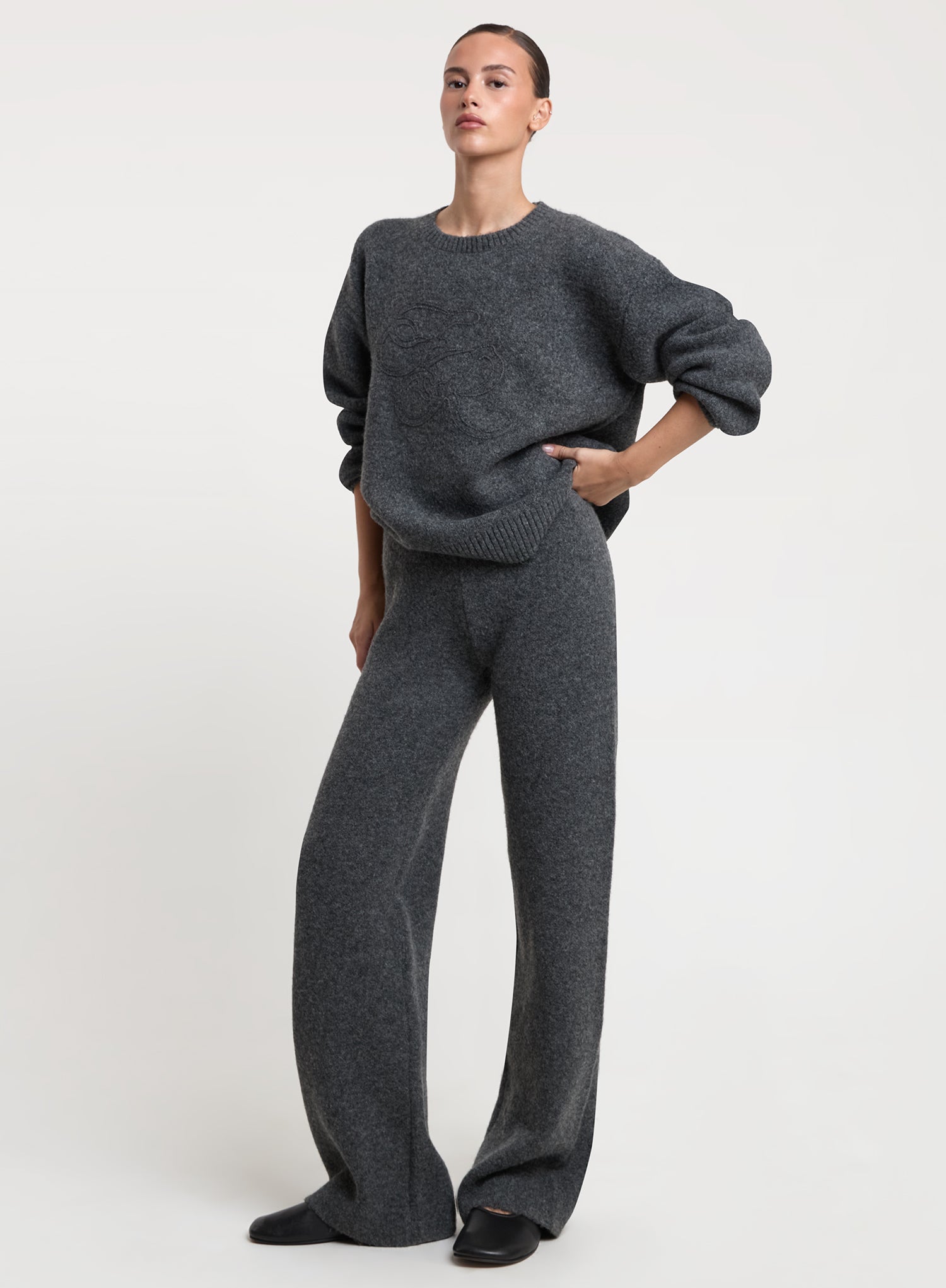 Charcoal Wool Blend Knitted Wide Leg Trousers