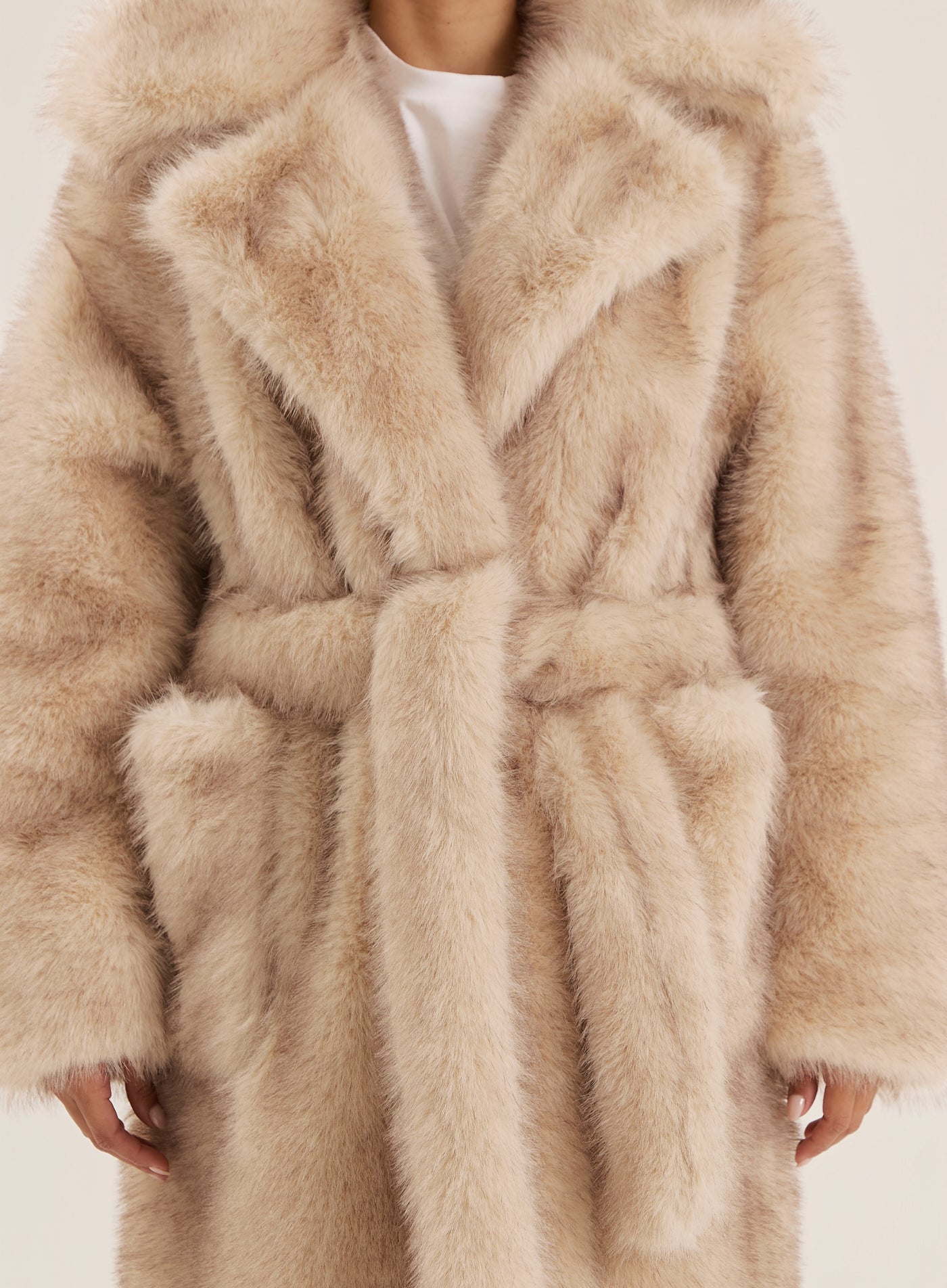 Beige Faux Fur Oversized Tie Waist Maxi Coat