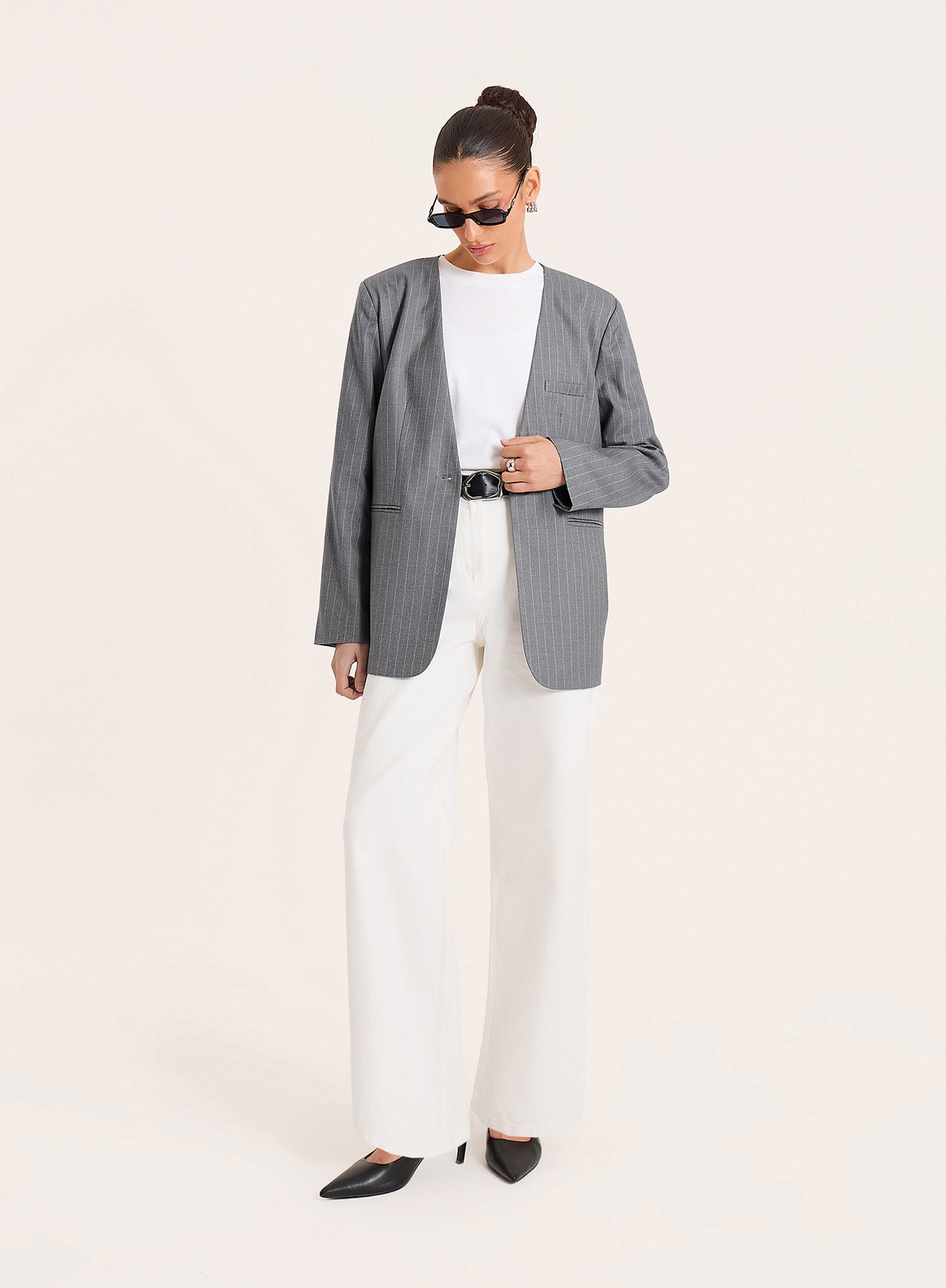 Grey Pinstripe Collarless Blazer