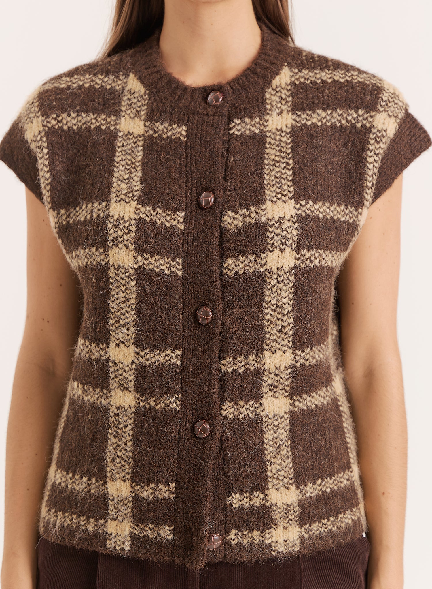 Brown Check Knitted Button Sweater Vest