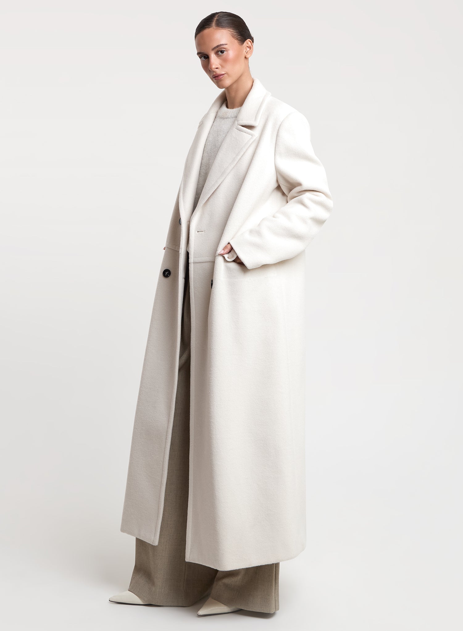 Cream Double-Breasted Longline Coat
