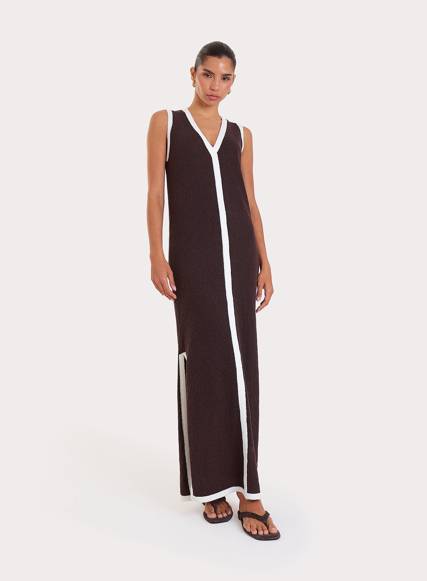 Chocolate Knitted Contrast Trim Midaxi Dress