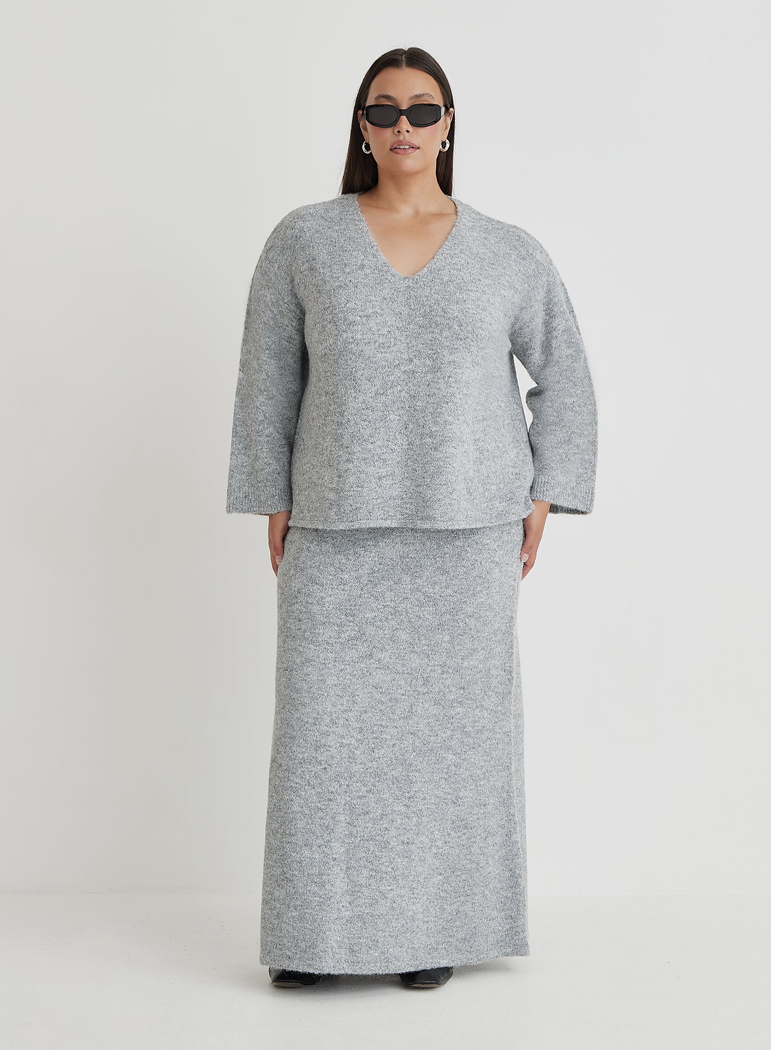 Grey Plus Size V Neck Knitted Jumper- Cadence