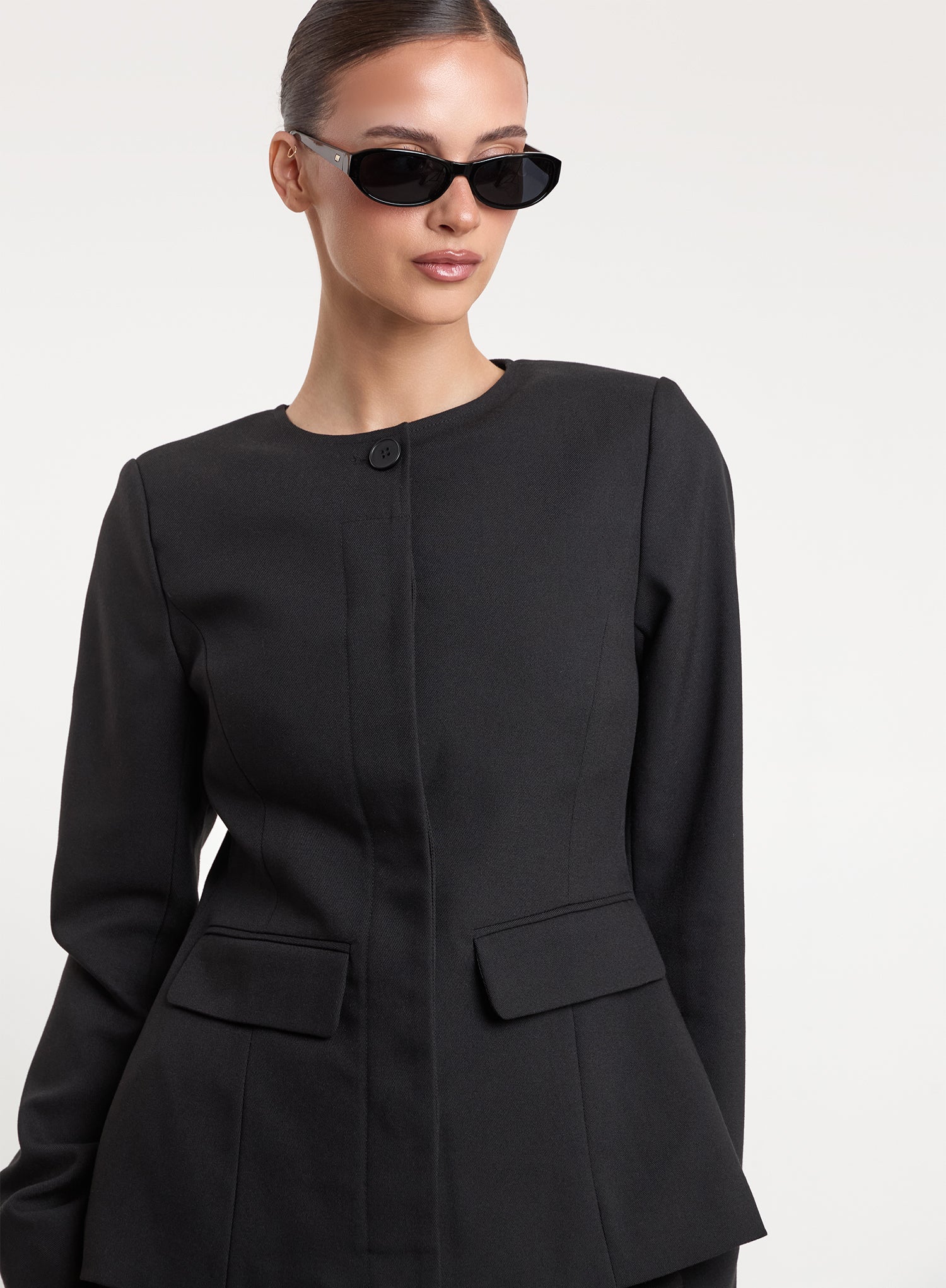 Black Collarless Cinched Waist Tailored Blazer