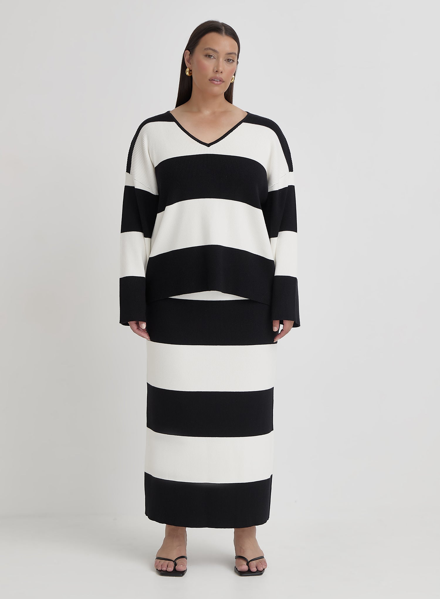 Black And Cream Plus Size Stripe Knitted Jumper- Jacqueline