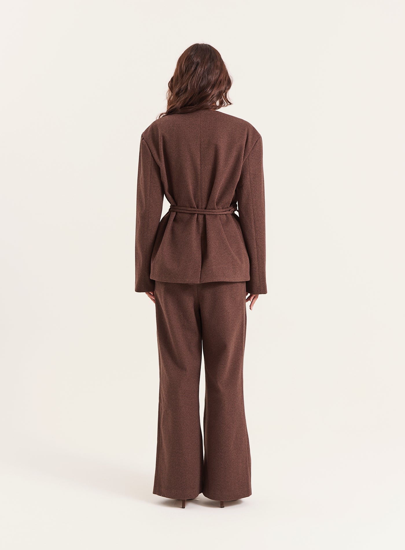 Chocolate Herringbone Tie Belt Wide Leg Trousers