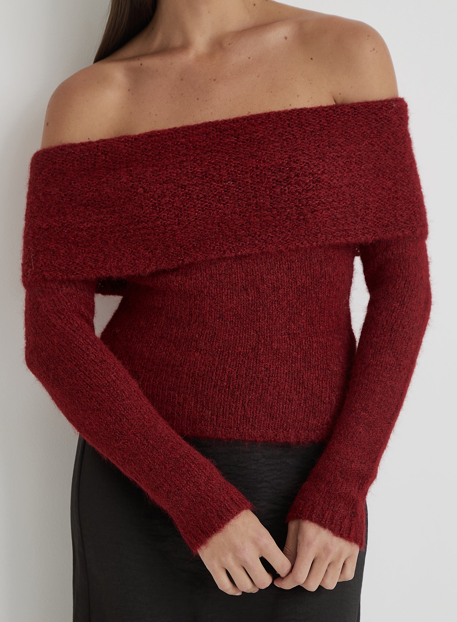 Red Knitted Bardot Long Sleeve Top- Krissy